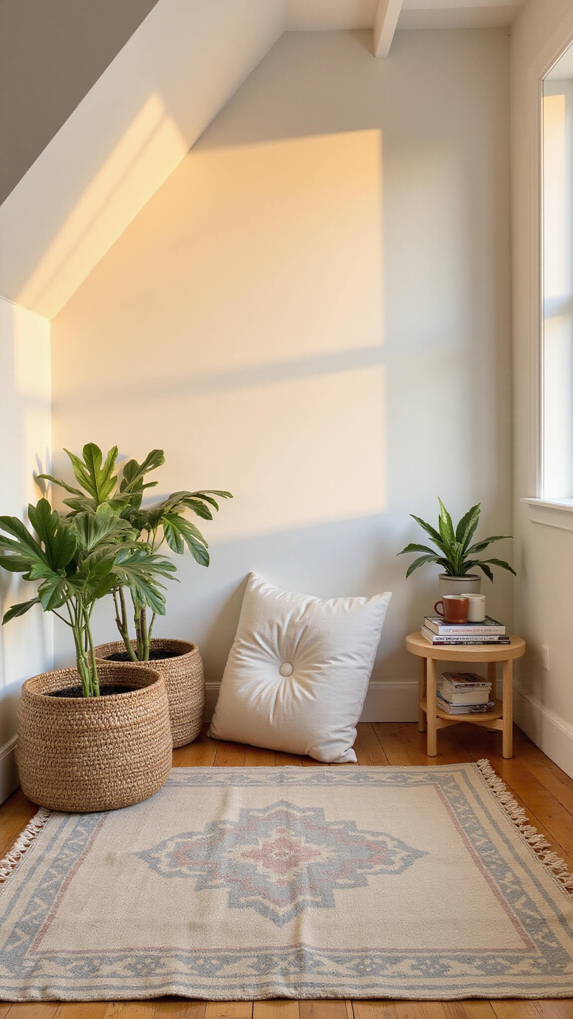 Cozy 12x12ft reading nook with slanted ceiling, white beams, oversized floor cushion on vintage rug, oak side table with books and mug, and fiddle leaf figs casting shadows in golden hour light.