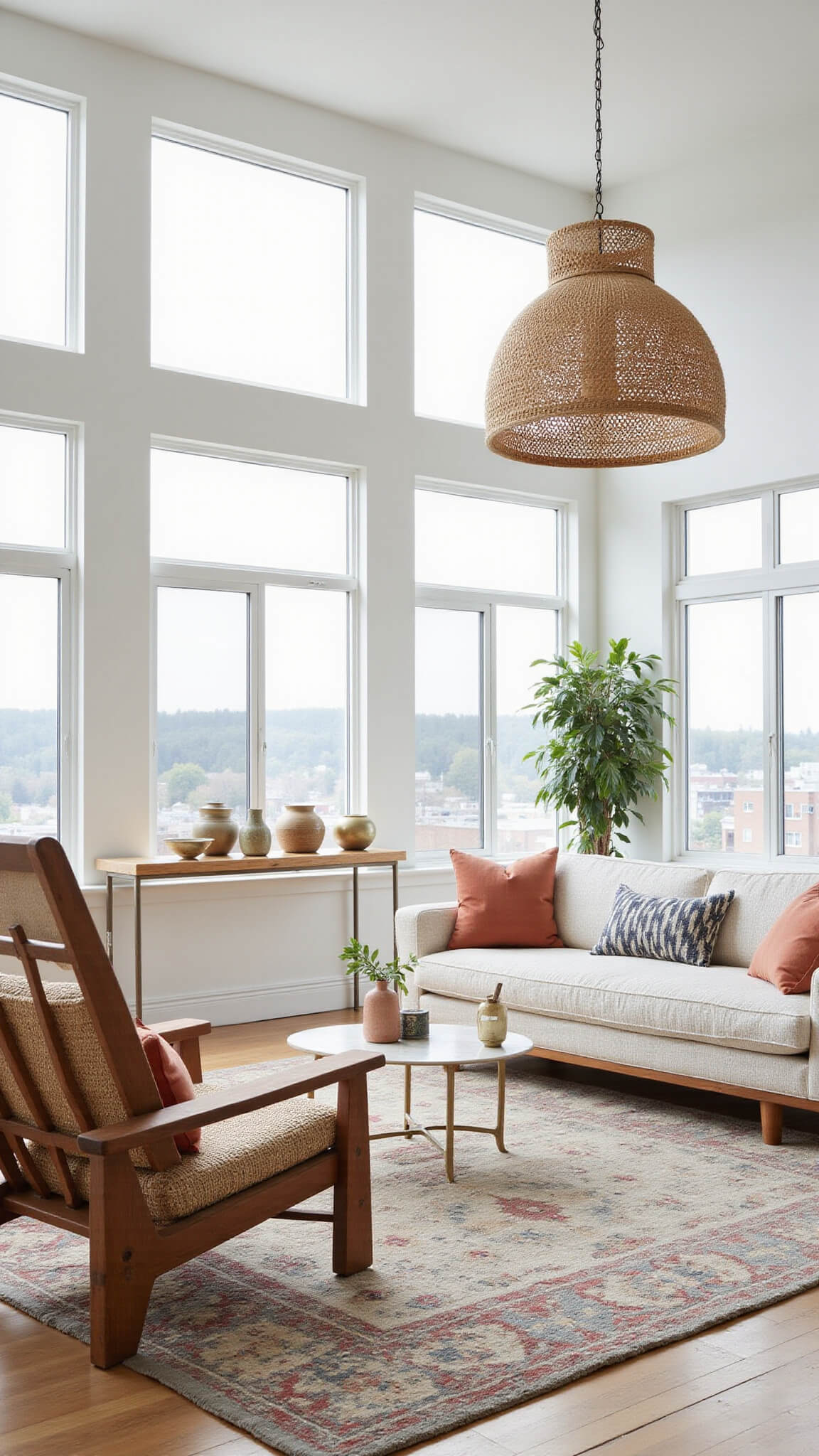 Bright modern open-concept living room with white bouclé sofa, wooden chairs, layered kilim rugs, and rattan pendant lighting.