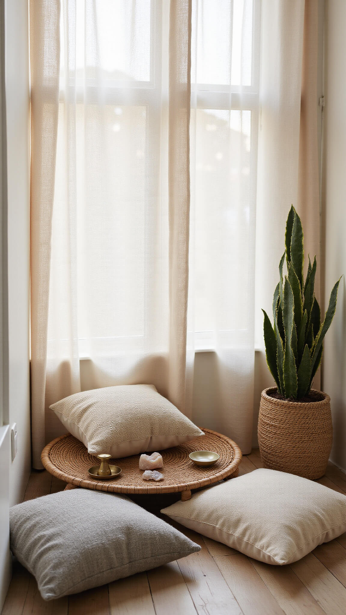 Cozy 10x12ft meditation corner at dawn with soft light through linen curtains, low bamboo platform, wool cushions, floor pillows in natural fabrics, brass incense holder, crystals, and potted snake plants.