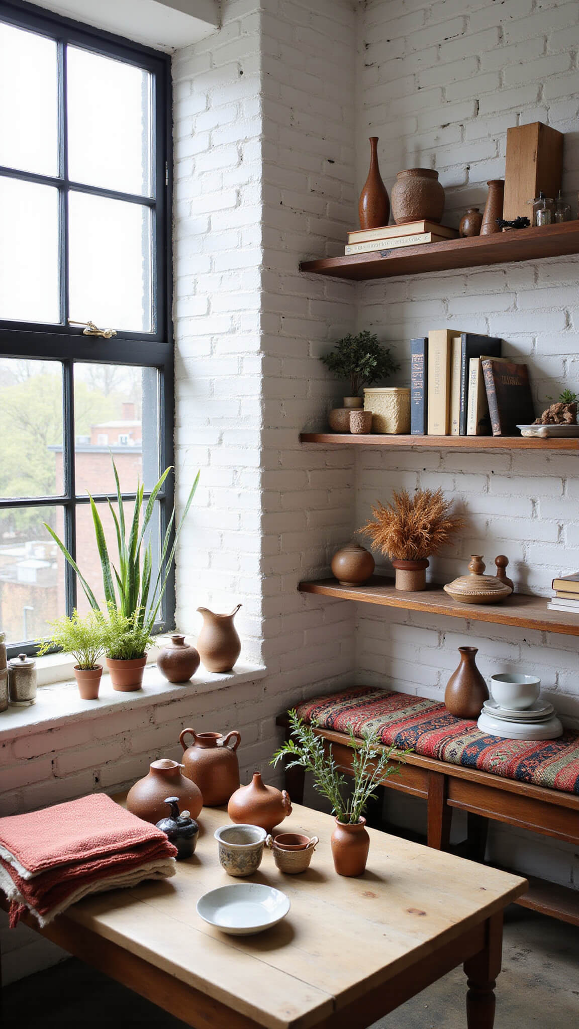 Sunlit creative studio with industrial windows, central wooden table holding ceramics and dried botanicals, white brick walls, floating shelves with books and curiosities, and a vintage kilim bench.