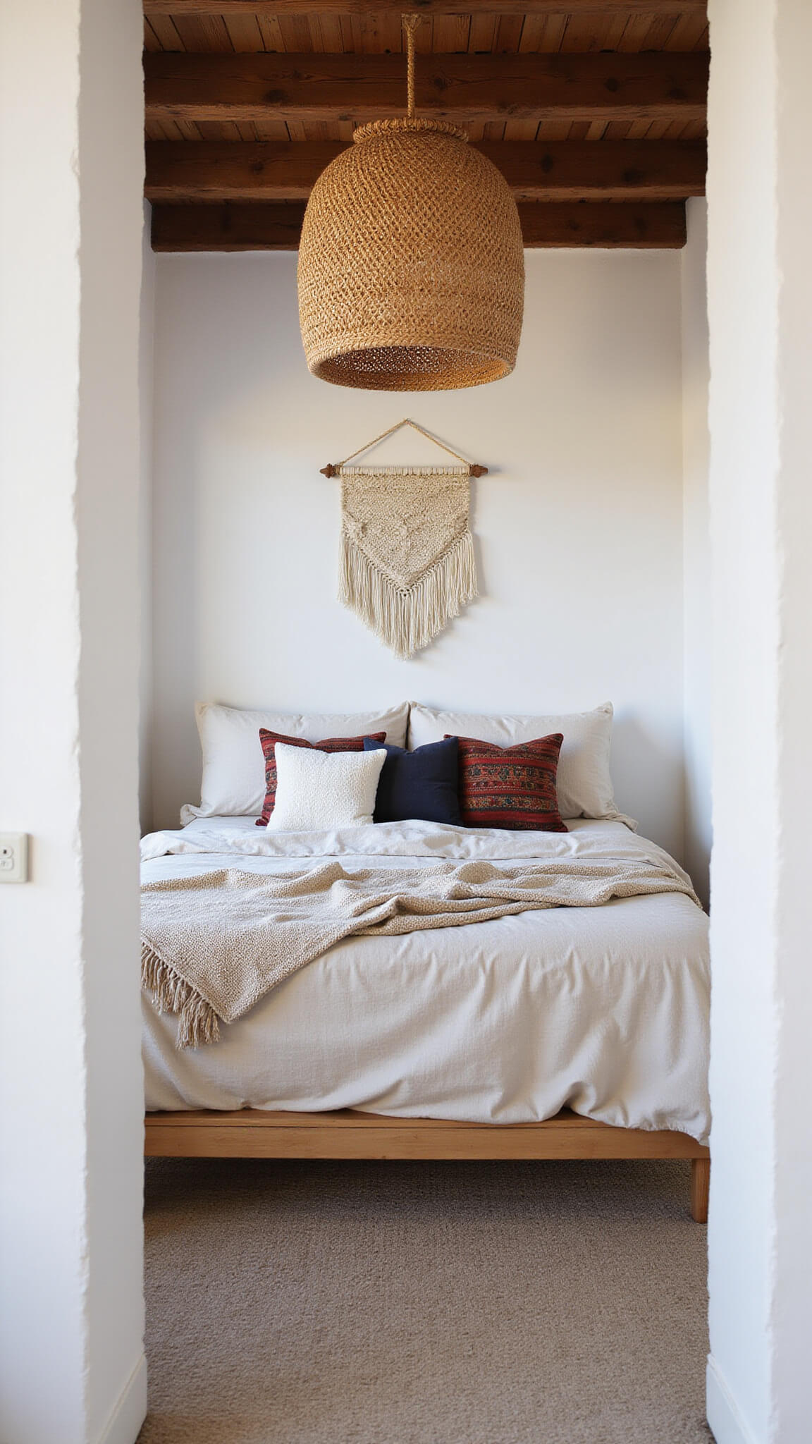 Cozy 13x15ft bedroom at dusk with exposed wooden beams, ivory linen platform bed, rattan pendant light, and handwoven wall art, viewed from doorway.