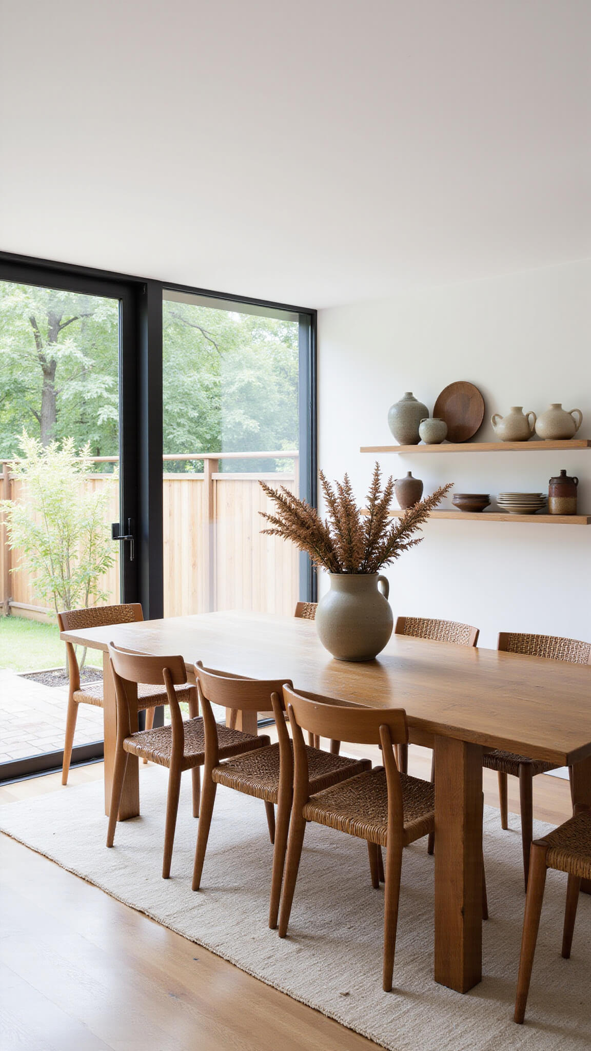 Bright modern dining room with oak table, mixed chairs, ceramic vase, floating shelves with pottery, and garden views through large windows.