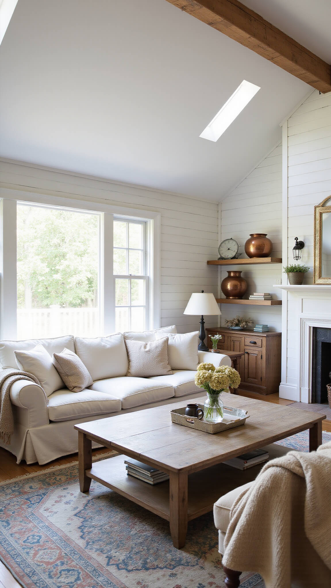 Sunlit living room with vaulted ceilings, cream slipcovered sofa, vintage farmhouse decor, and natural wood accents.