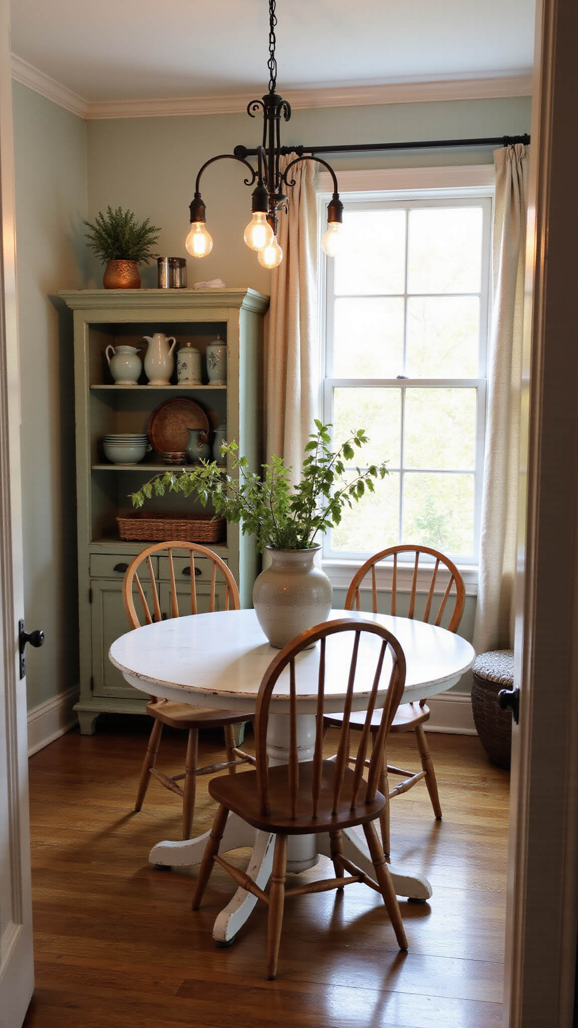 Cozy 12x14ft dining nook with round white pedestal table, vintage Windsor chairs, and golden hour light through linen cafe curtains; sage green hutch displays ironstone and copperware under warm Edison bulb chandelier.