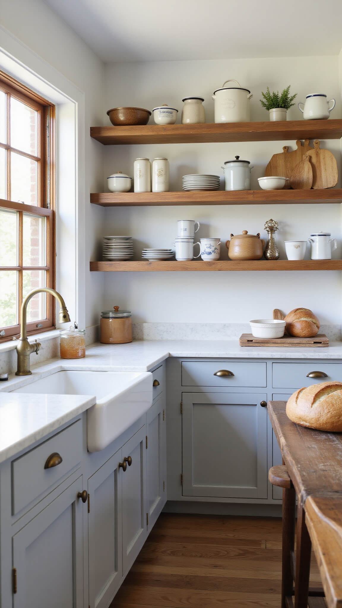 Cozy 10x12ft kitchen corner with dove gray custom cabinetry, white marble countertops, farmhouse sink, brass accents, vintage cookware on open shelves, and a butcher block island with sourdough bread in warm morning light.
