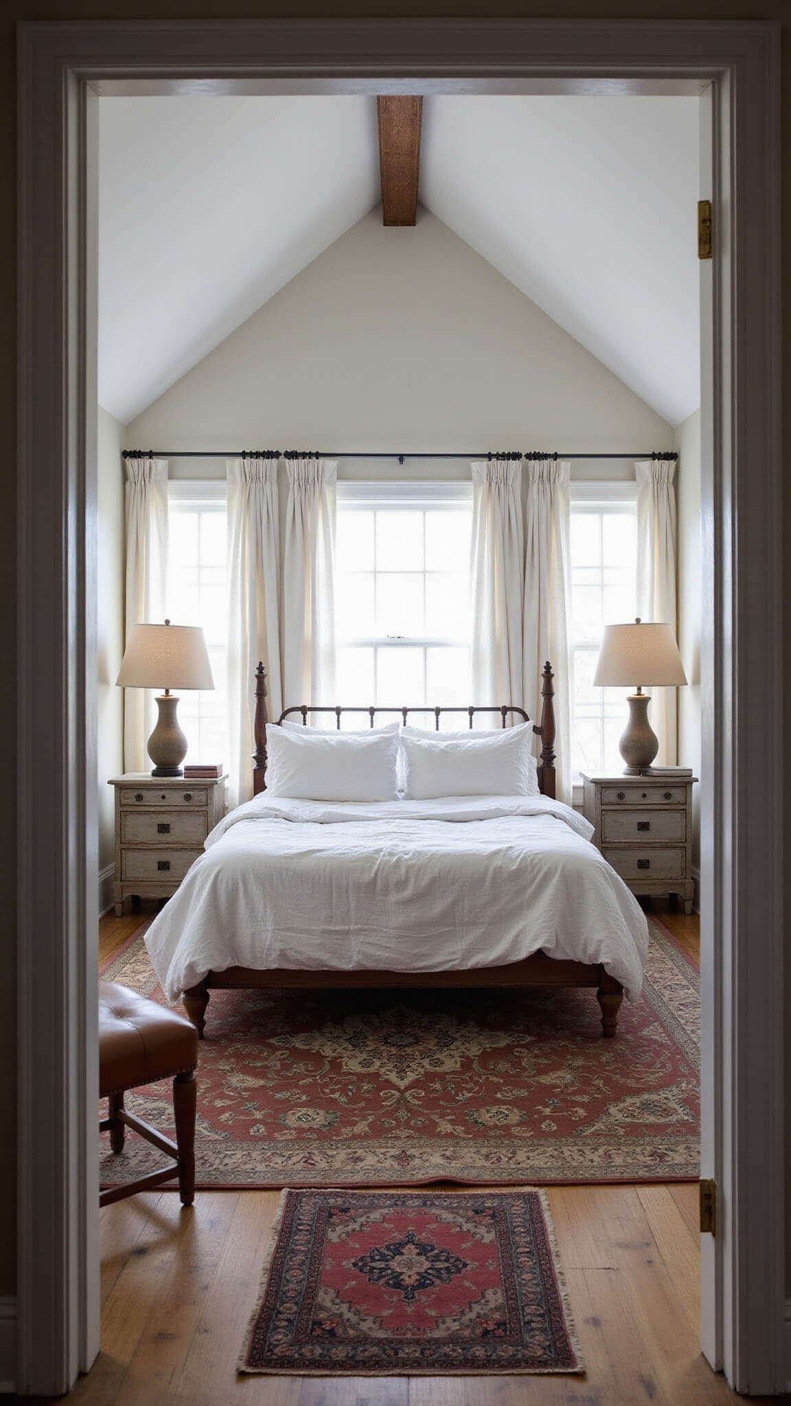Serene primary bedroom with cathedral ceiling, exposed wooden beams, king bed in white linen, vintage quilts, weathered nightstands, Persian runner, and dusky light through white drapes.