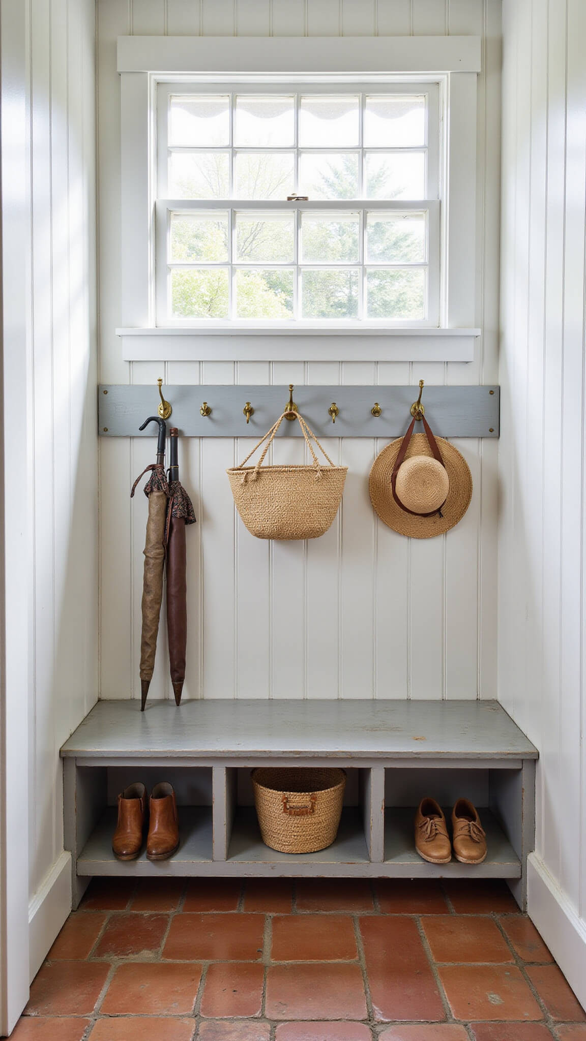 Mudroom entry with white board and batten walls, vintage window light, weathered gray bench, brass hooks with baskets and hats, umbrella basket, and terra cotta tile floor.