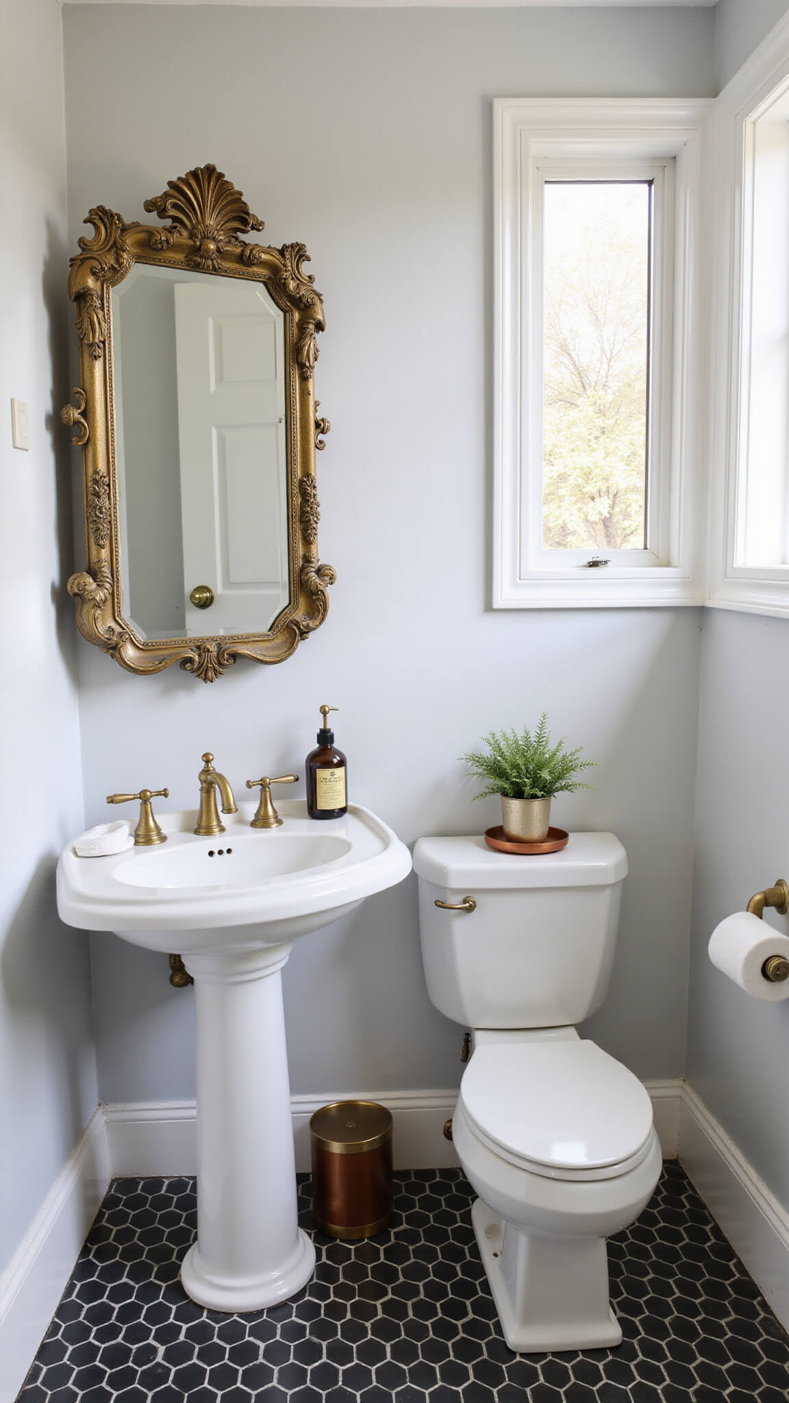 Vintage-inspired powder room with black-and-white hexagon tiles, brass wall-mounted sink, gilt mirror, and apothecary accents in soft afternoon light.
