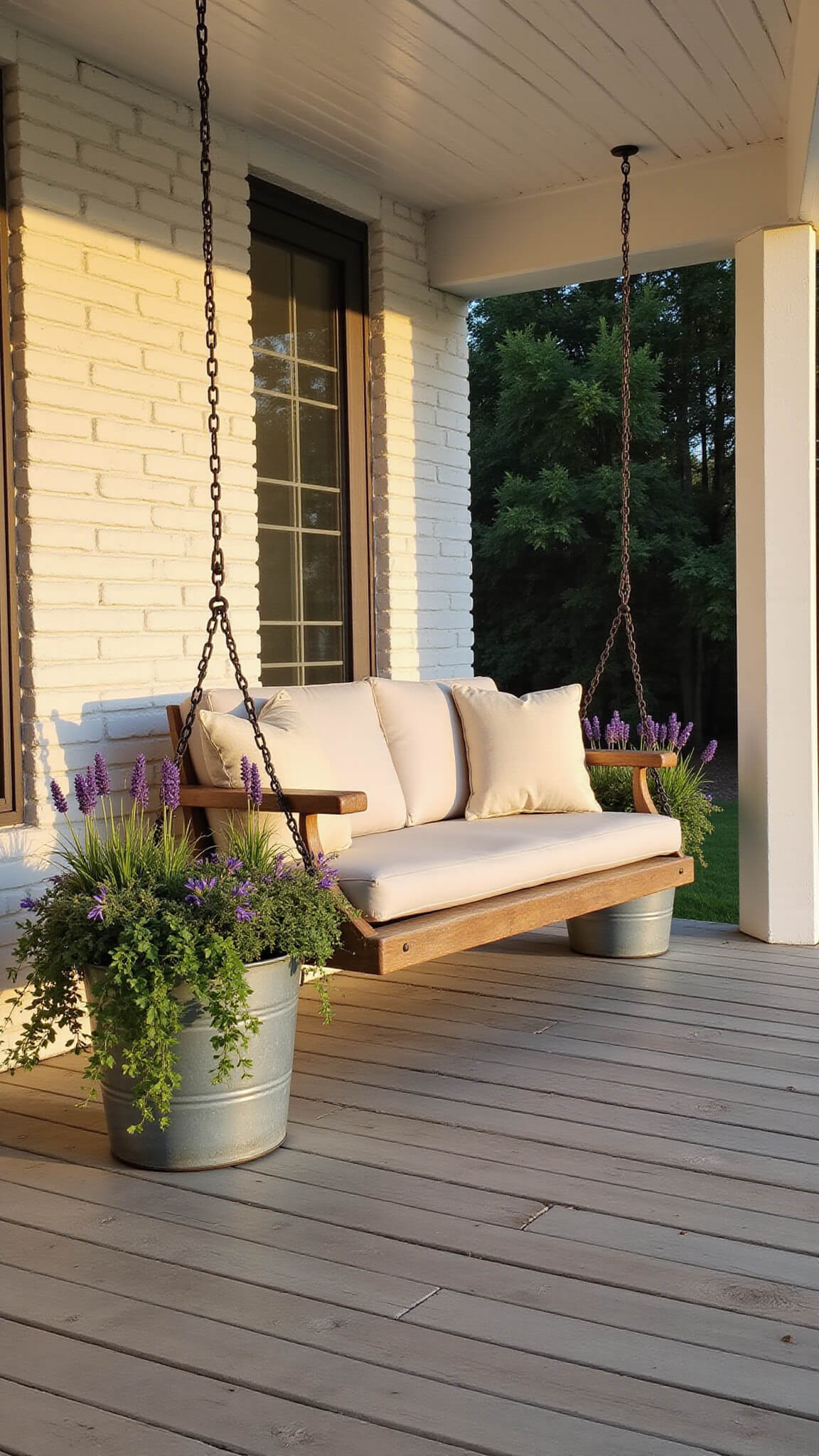 Vintage teak porch swing with ivory cushions on a white brick porch at golden hour, surrounded by lavender-filled metal planters and trailing vines.