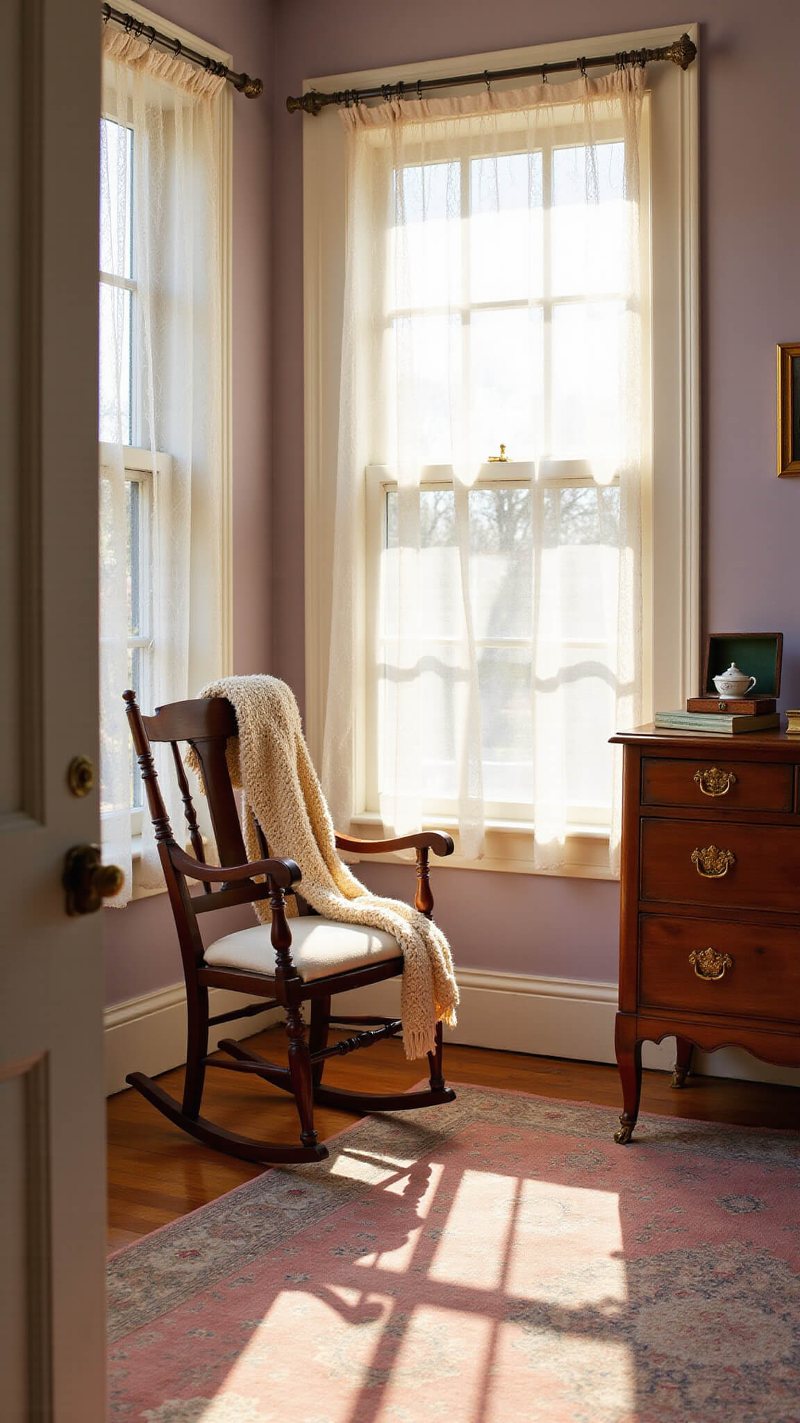 Vintage nursery at golden hour with mahogany rocking chair, antique dresser, and lace-curtained windows, captured from doorway with dreamy bokeh effect.