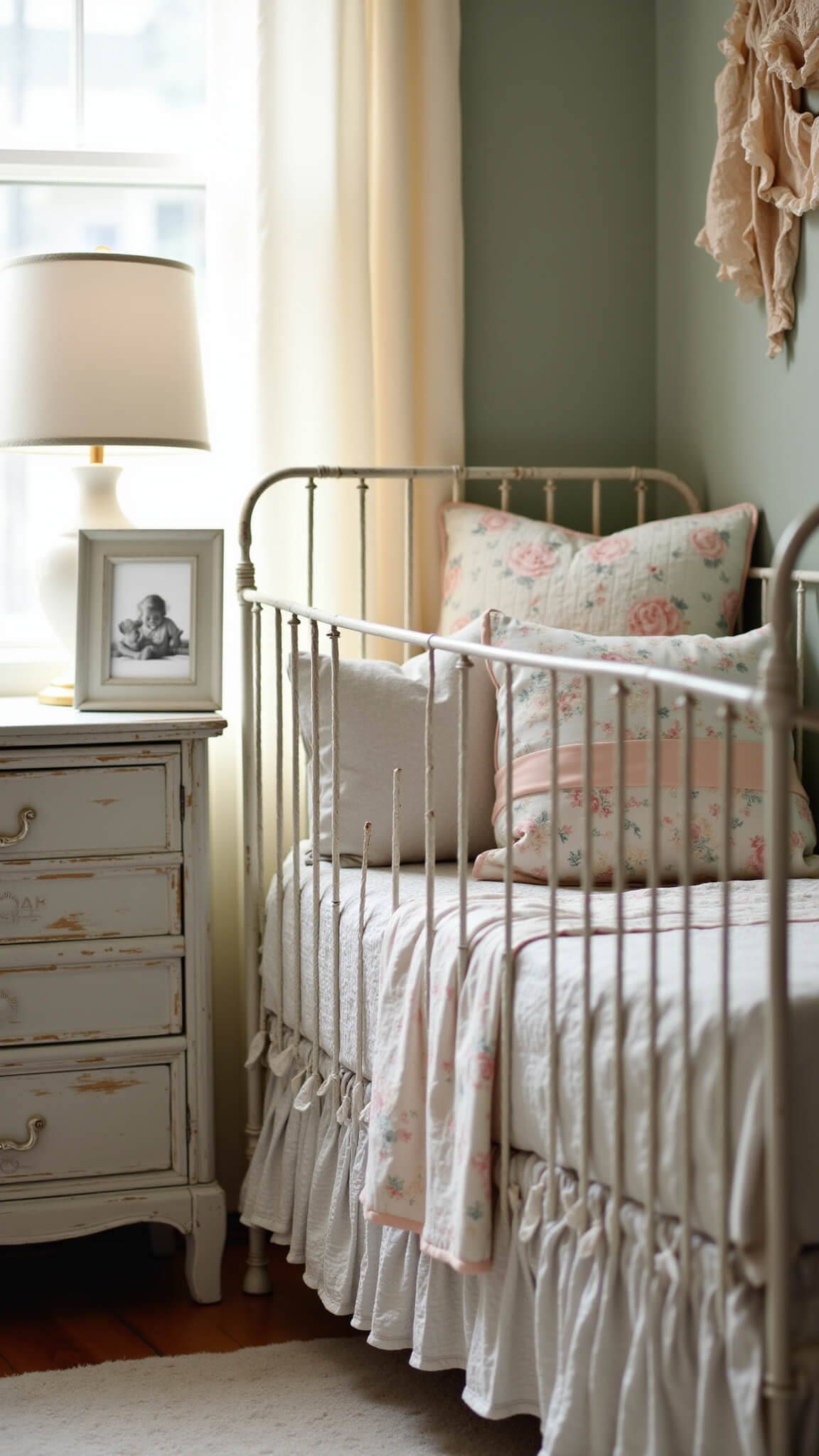 Vintage nursery corner at dawn with white iron crib, scalloped linens, handmade quilts, and worn wood side table holding milk glass lamp and silver photo frames; rose gold accents glow in soft morning light through gauzy curtains.