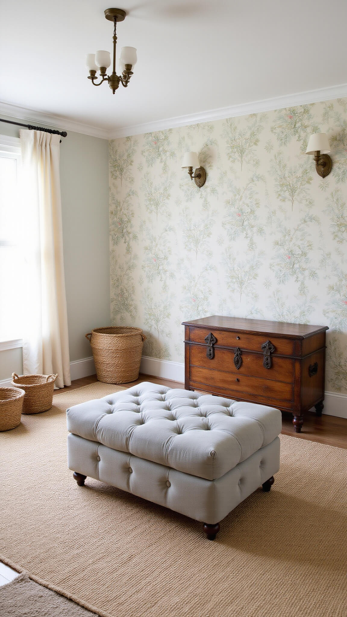 Vintage-inspired nursery with botanical wallpaper, tufted gray ottoman, woven baskets, toy chest, and layered rugs in warm afternoon light.