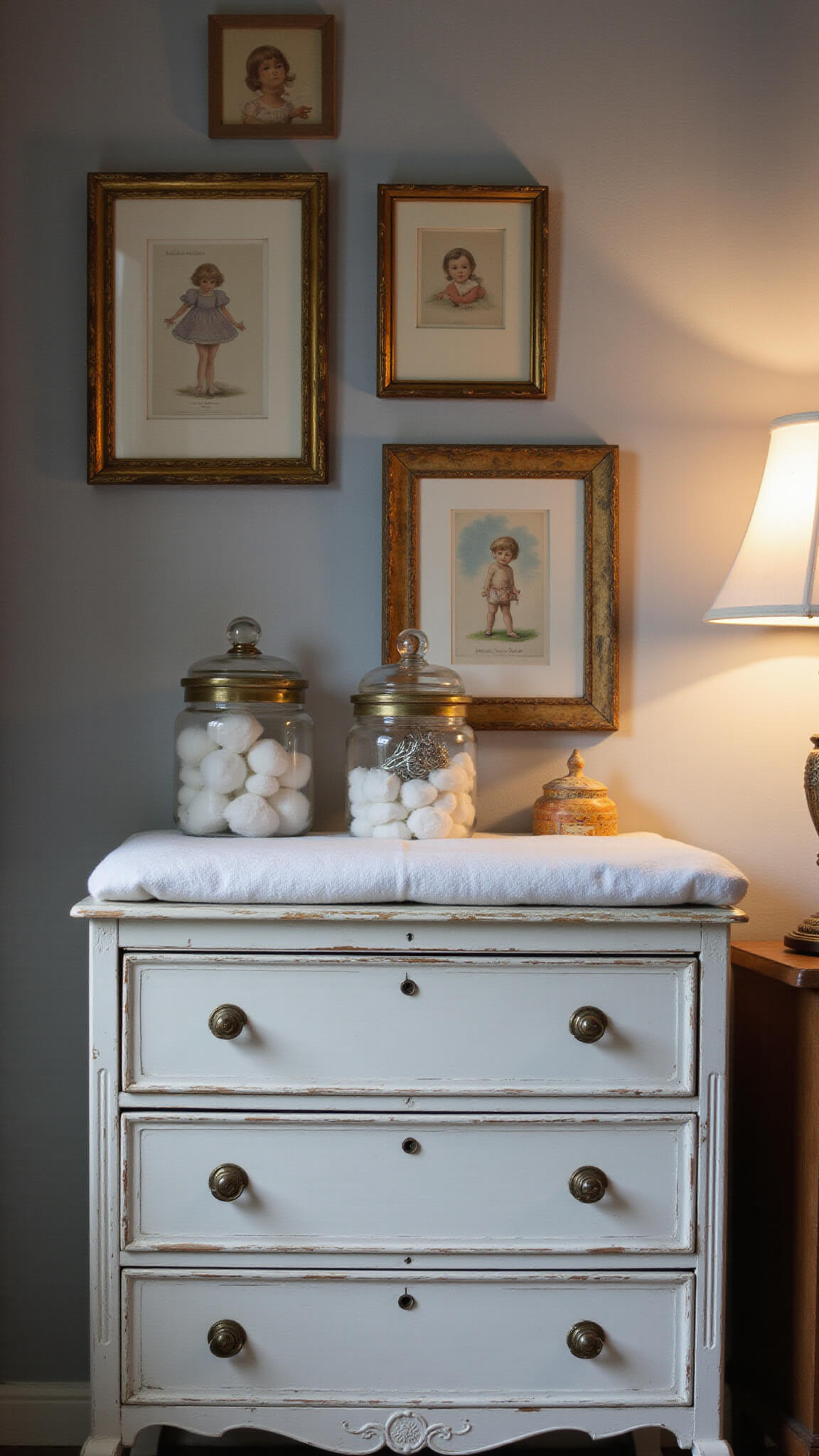 Close-up of vintage nursery changing station with chalk-white dresser, antique drawer hardware, and apothecary jars, softly lit by warm table lamp.