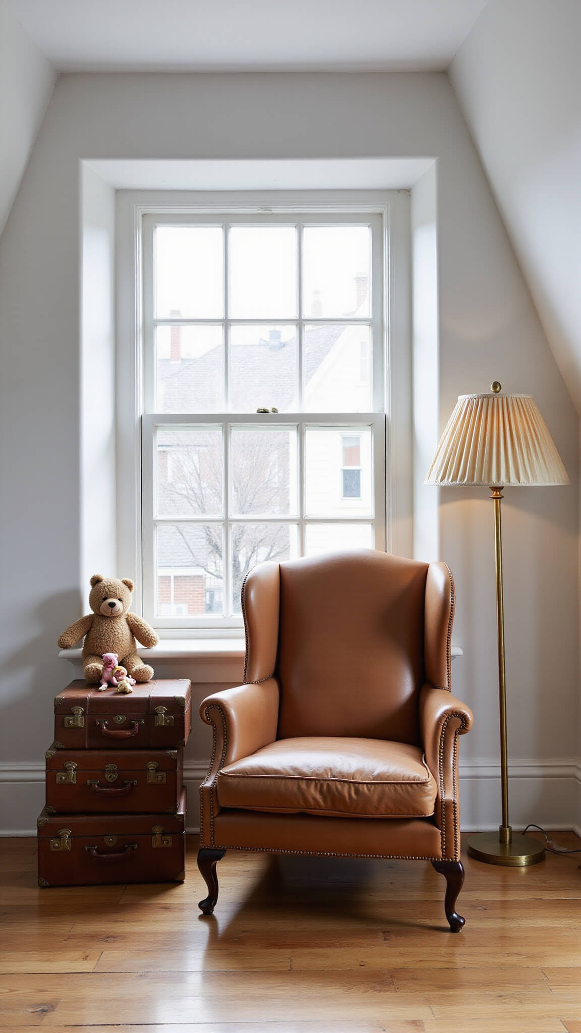 Cozy nursery reading nook with vintage armchair and suitcases under a dormer window, viewed from a child’s perspective in cool morning light.