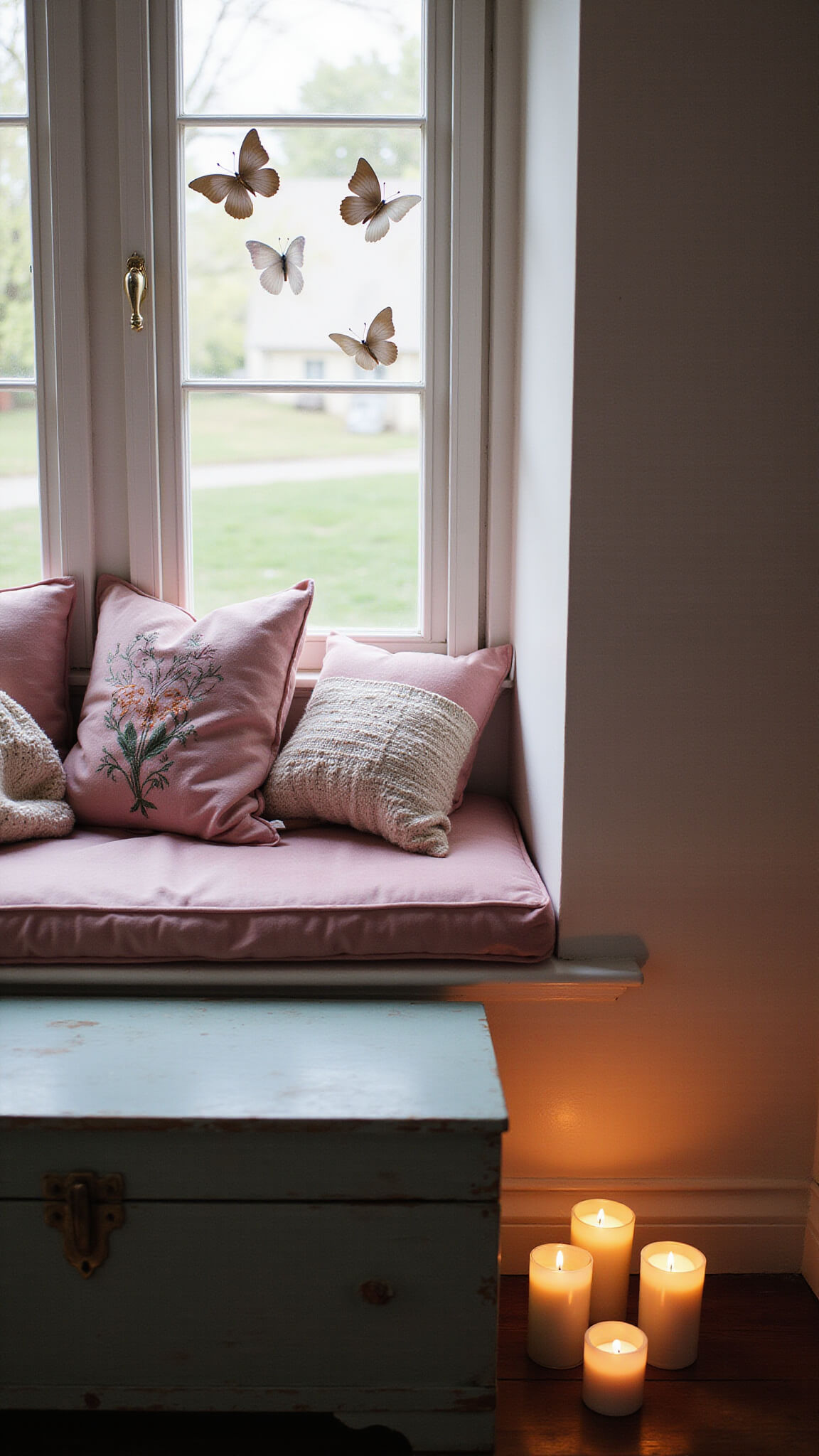 Vintage nursery window seat with dusty rose velvet cushions, embroidered pillows, crocheted throws, and a toy chest beneath; paper butterflies adorn the wall, lit by soft twilight and warm LED candles.