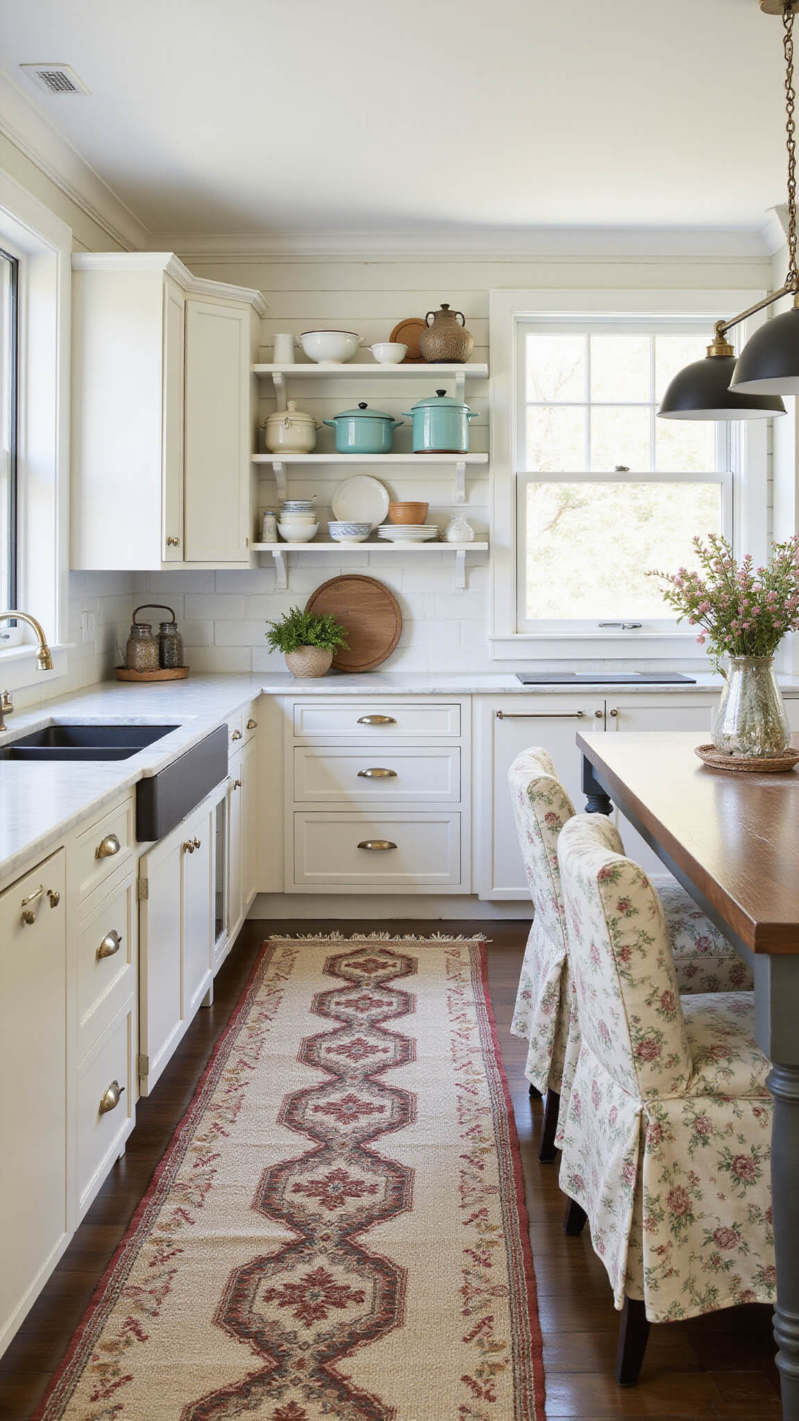 Bright sunlit open-concept kitchen with marble countertops, cream distressed cabinets, vintage enamelware on open shelves, floral slipcovered chairs around a farmhouse table, and layered rugs and textiles.