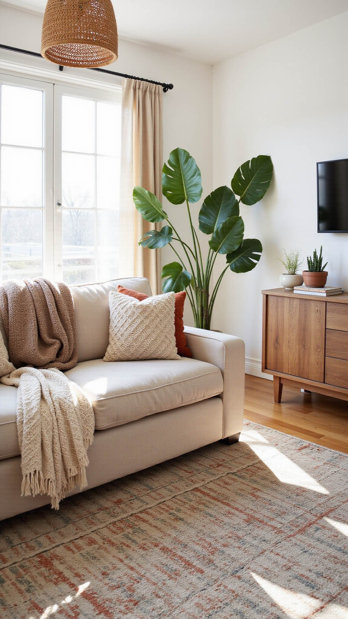 Sunlit Scandinavian boho living room with whitewashed walls, oatmeal linen sofa, vintage Moroccan rugs, large plants, and golden hour light through west-facing windows.