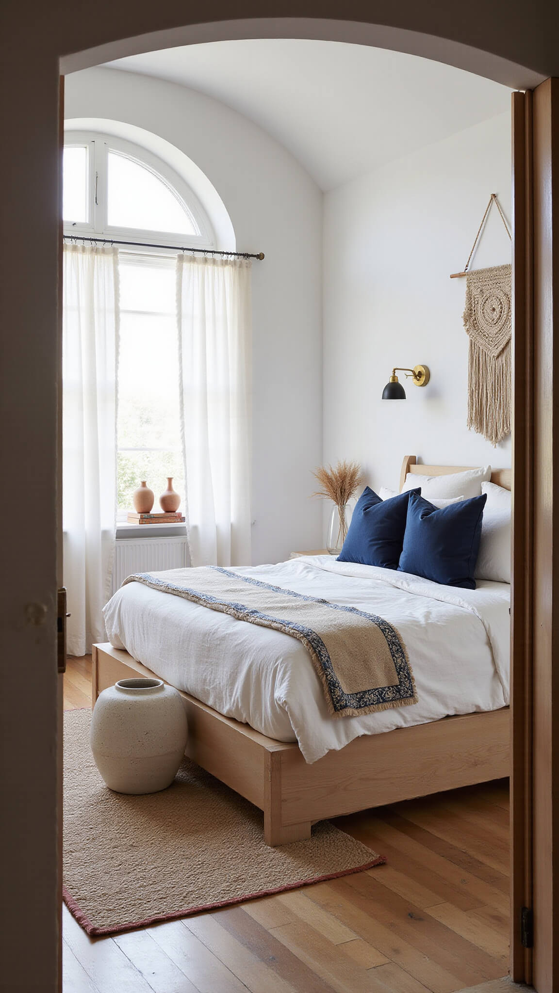 Minimalist boho bedroom with arched window, sheer curtains, bleached oak platform bed, white linen bedding, indigo pillows, macrame wall hanging, brass sconces, layered rugs, and decorative ceramic vessels with pampas grass.