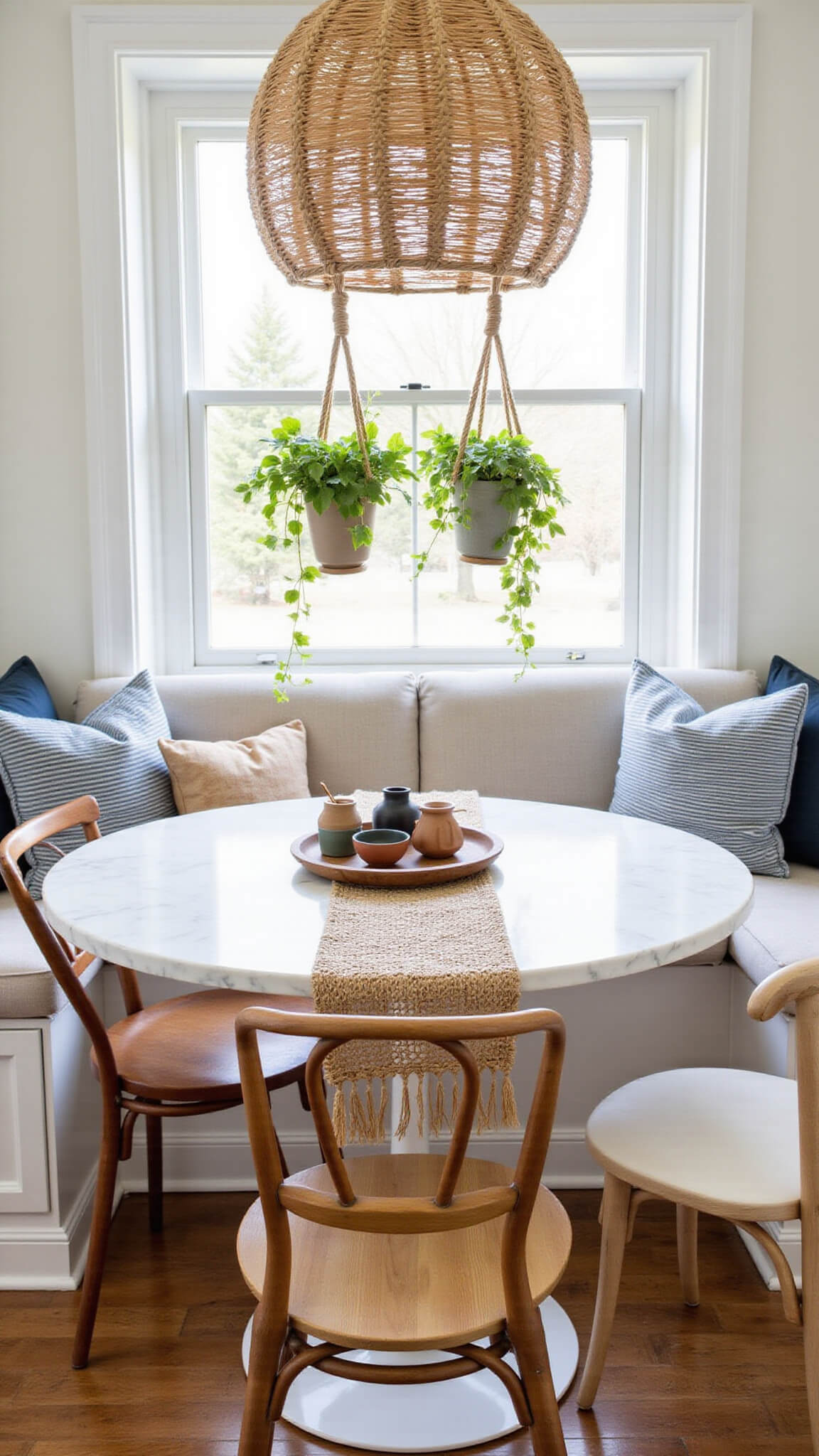 Eclectic 10x10ft breakfast nook with built-in window seat, white marble tulip table, mismatched vintage chairs, rattan pendant light, macrame hanging plants, and ceramic pottery on a handwoven runner.