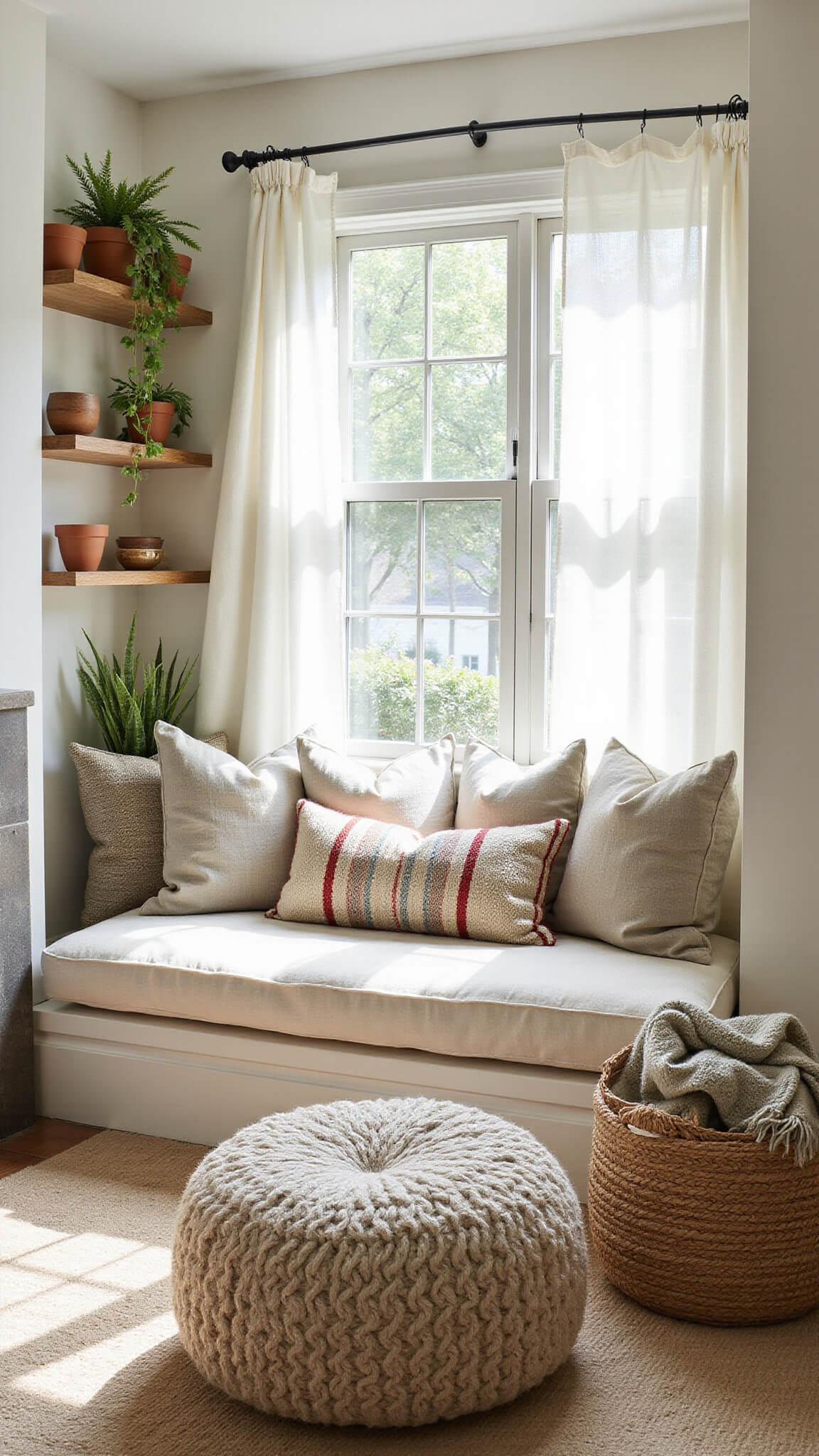 Cozy 8x8ft reading nook with bay window, built-in seating, layered linen cushions, kilim pillows, floating shelves, trailing plants, and earthy-toned decor.