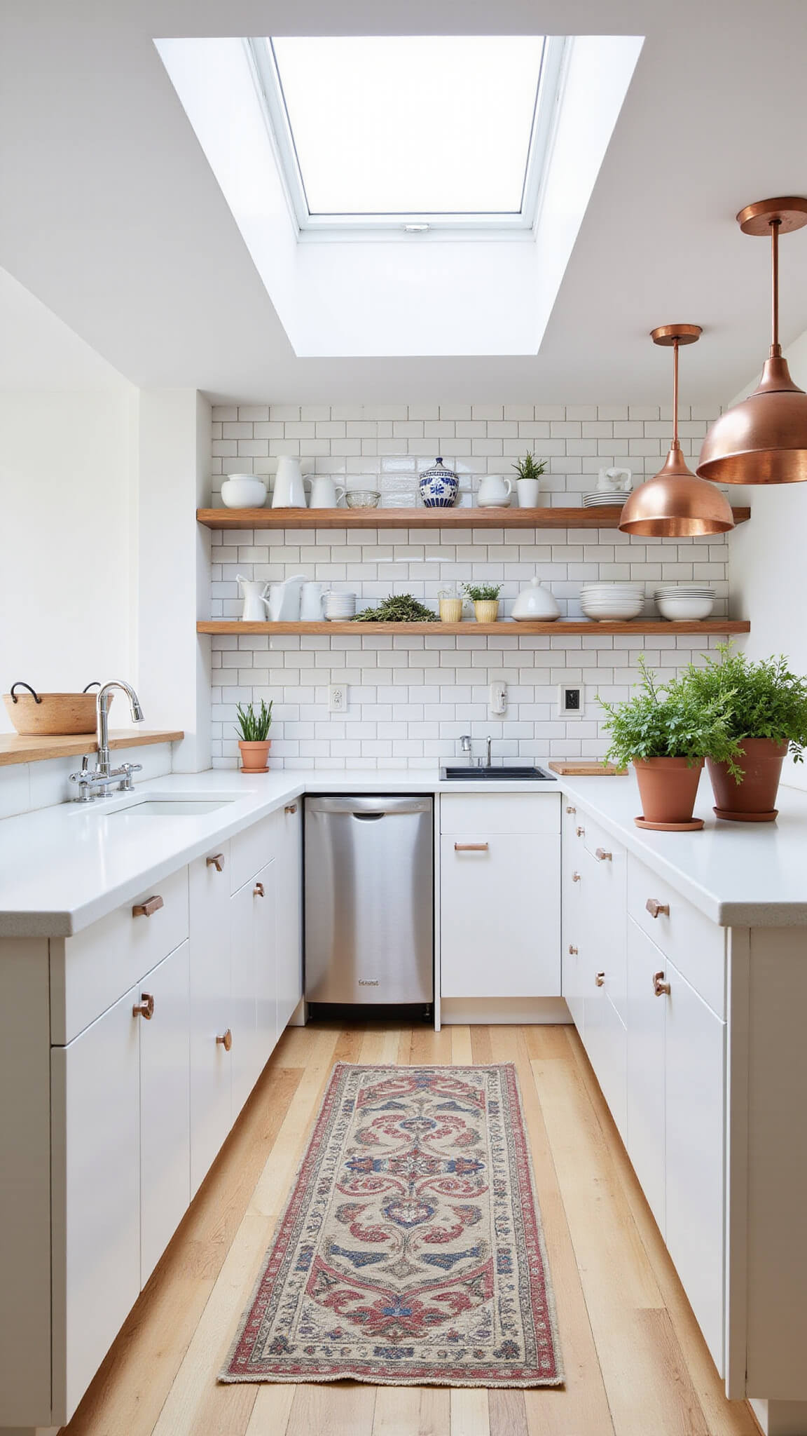 Scandinavian open-concept kitchen with white cabinets, wood shelving, subway tile backsplash, copper pendant lights, and vintage runner, lit by skylight.