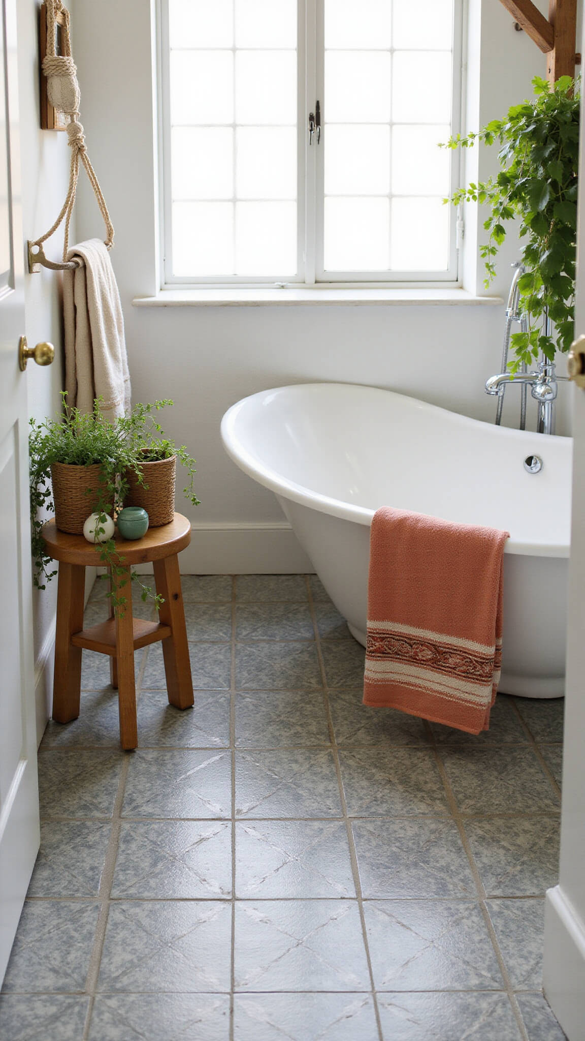 Boho-style spa bathroom with soaking tub, geometric cement tiles, wooden stool, hanging ivy, and soft natural light.