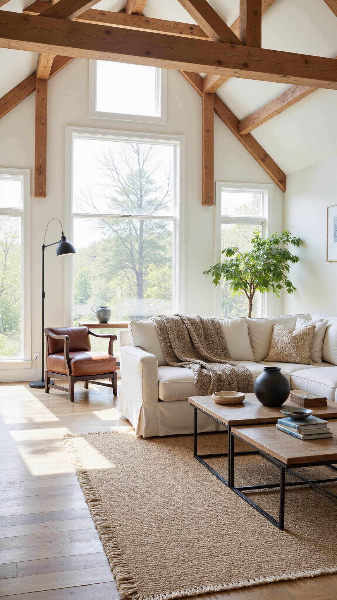 Sunlit open-concept living room with cathedral ceilings, exposed wooden beams, cream sectional, vintage leather armchair, layered rugs, and floor-to-ceiling windows.