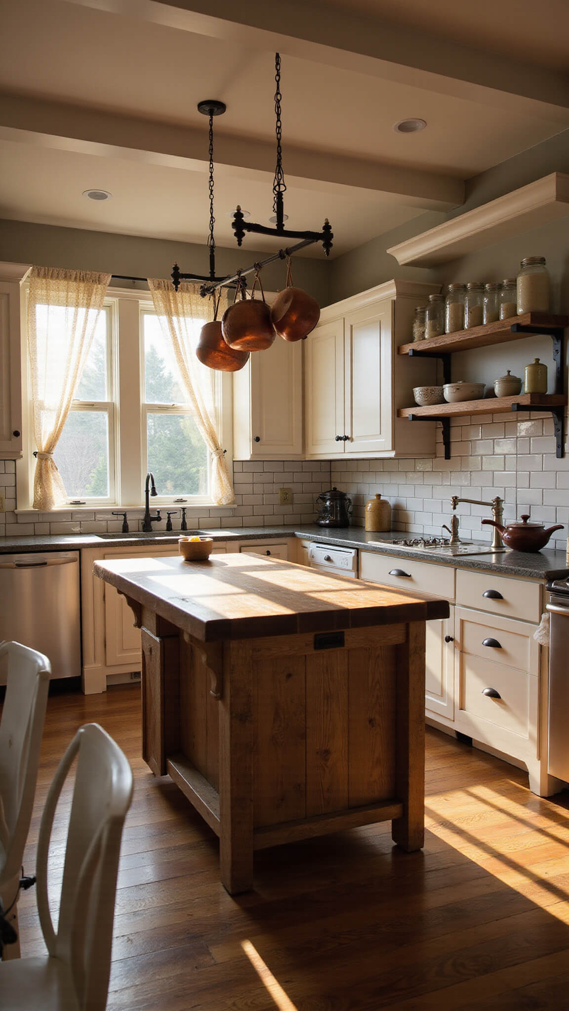 Farmhouse kitchen at golden hour with shaker cabinets, reclaimed wood island, copper pots, and warm lighting.