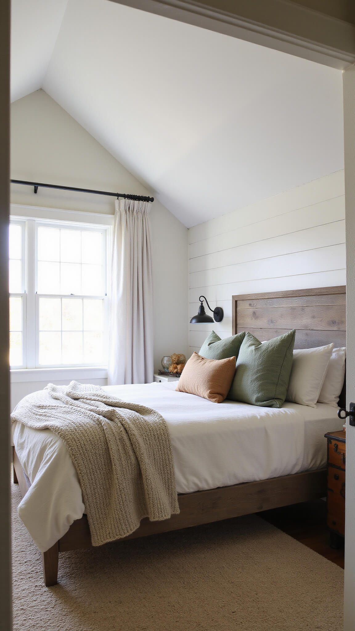 Cozy 14x16ft primary bedroom with pitched ceiling, king bed with distressed wood headboard, layered neutral bedding, vintage trunk bedside table, and soft dawn light through sheer drapes.