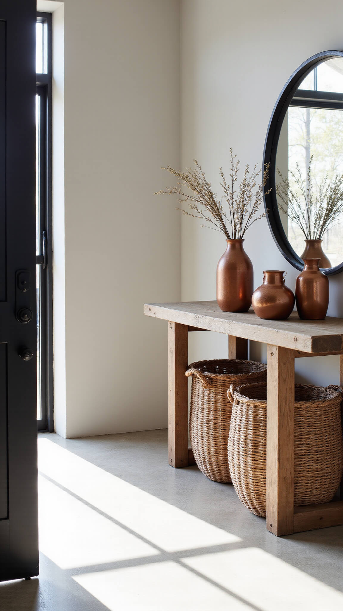 Modern barnhouse entryway with black steel-framed door, limestone tile flooring, reclaimed wood console table, vintage copper decor, and large iron mirror reflecting natural light.