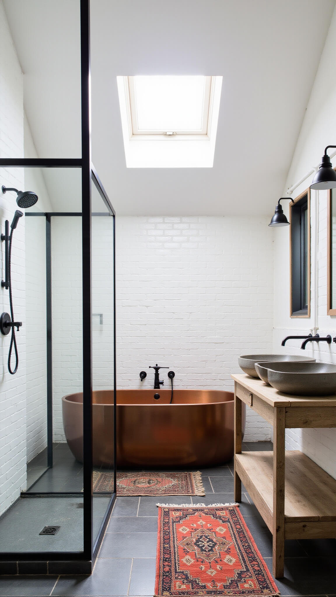 Luxurious spa-inspired master bathroom with copper soaking tub, floating oak vanity, concrete sinks, and industrial shower under natural skylight.