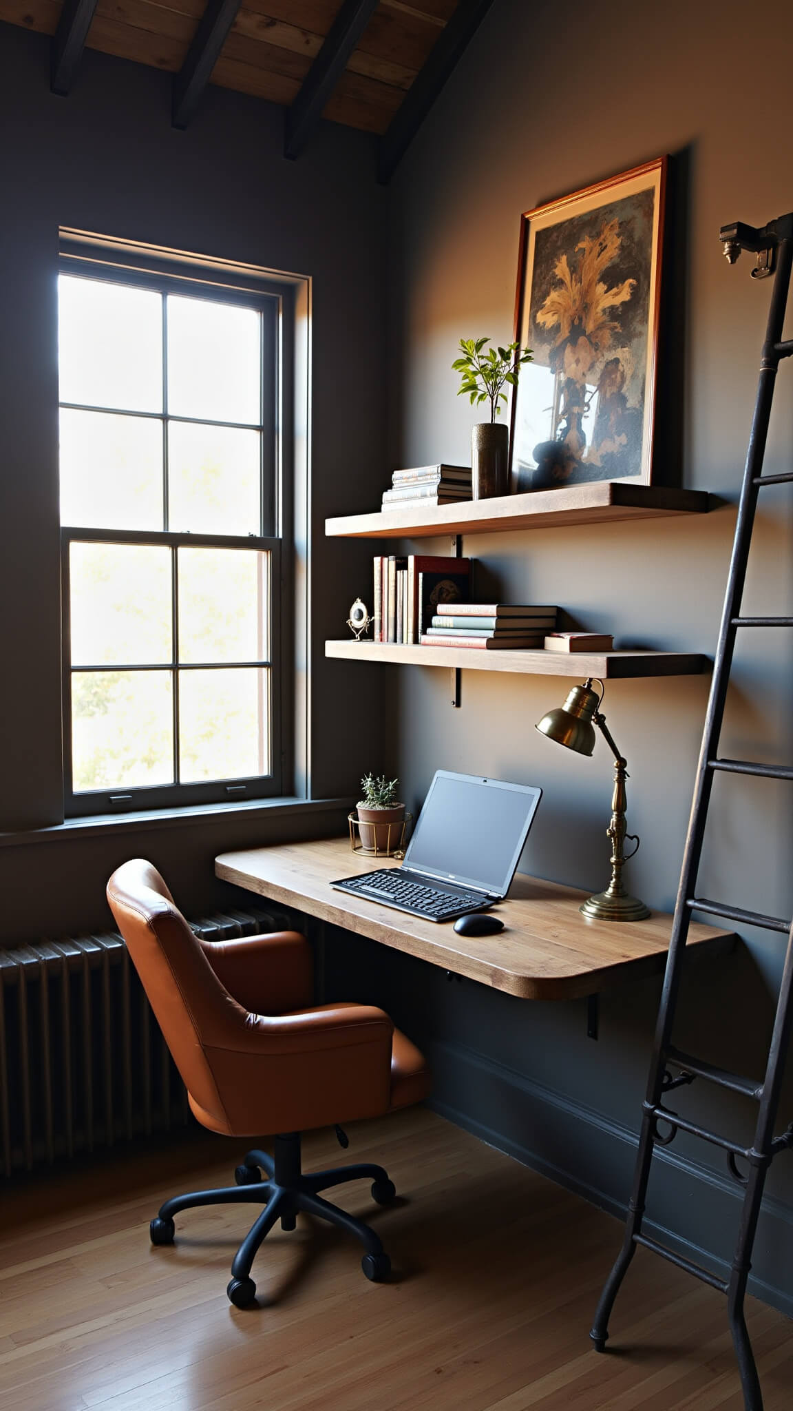 Home office nook with floating wood desk, leather chair, and shelves in sunlit corner under vaulted ceiling.