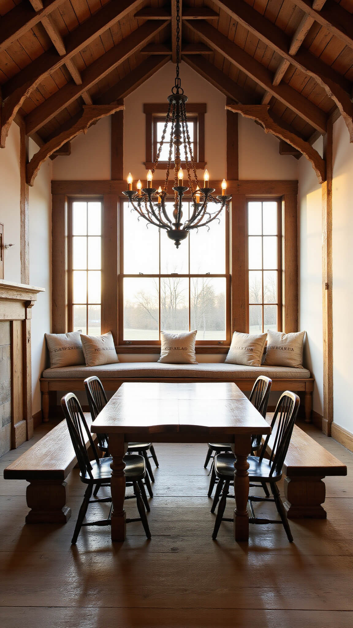 Wide-angle view of barn dining space with 20ft timber ceiling, reclaimed wood table, Windsor chairs, leather benches, and dramatic golden hour lighting.