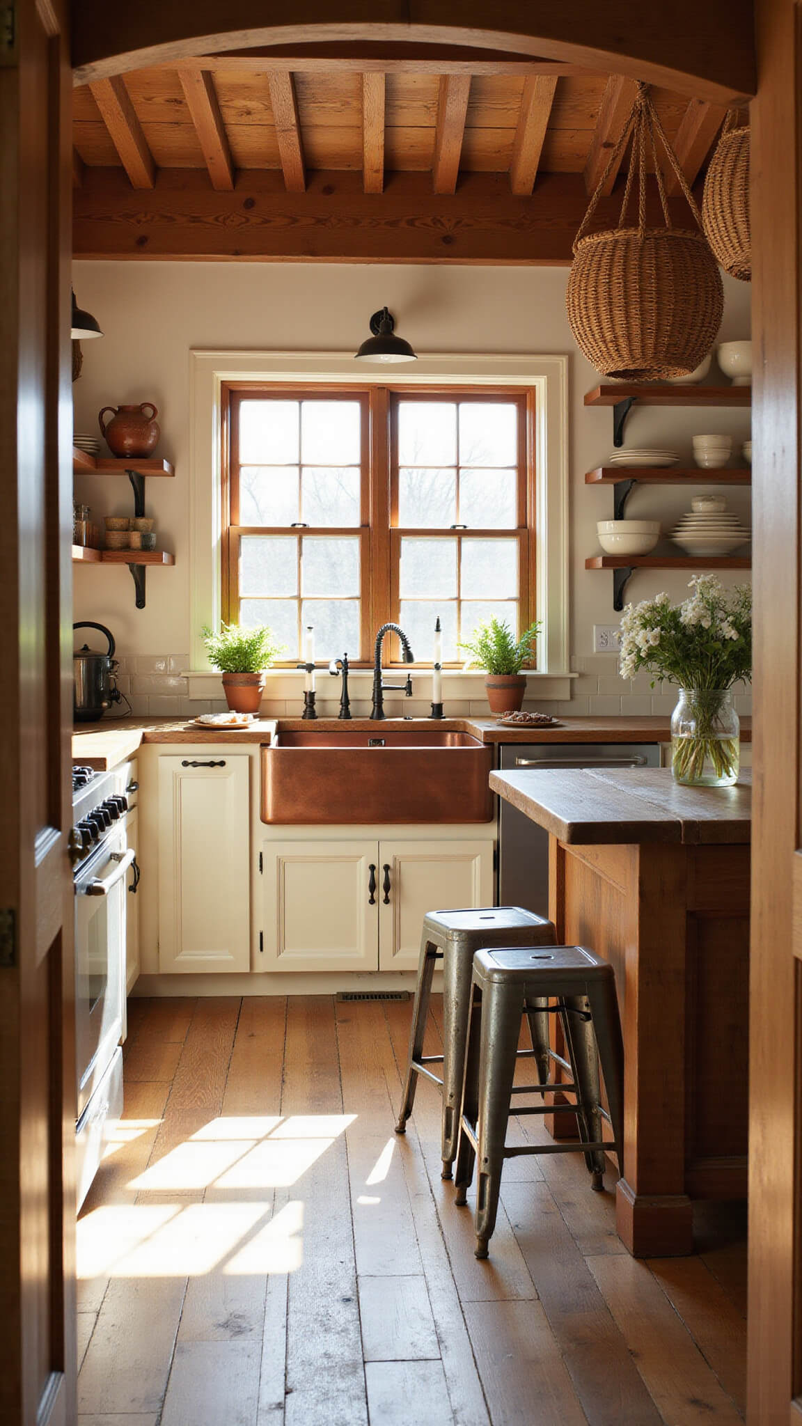 Rustic farmhouse kitchen with reclaimed oak floors, exposed beams, vintage copper sink, cream cabinets, and morning light streaming through large east-facing windows.