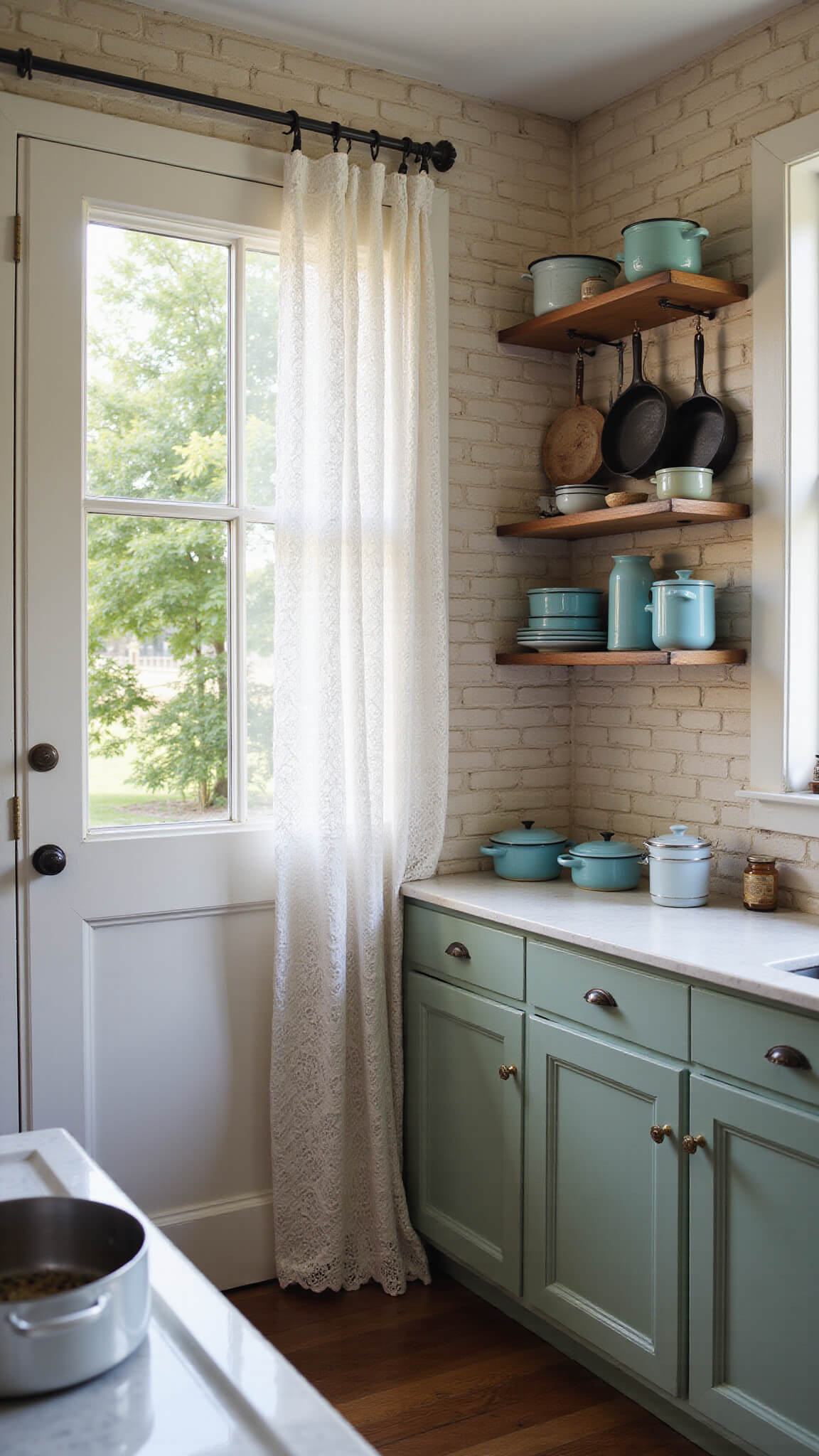 Warmly lit vintage kitchen corner with sage cabinets, soapstone counters, and enamelware on wooden shelves; lace curtains and open Dutch door reveal herb garden.