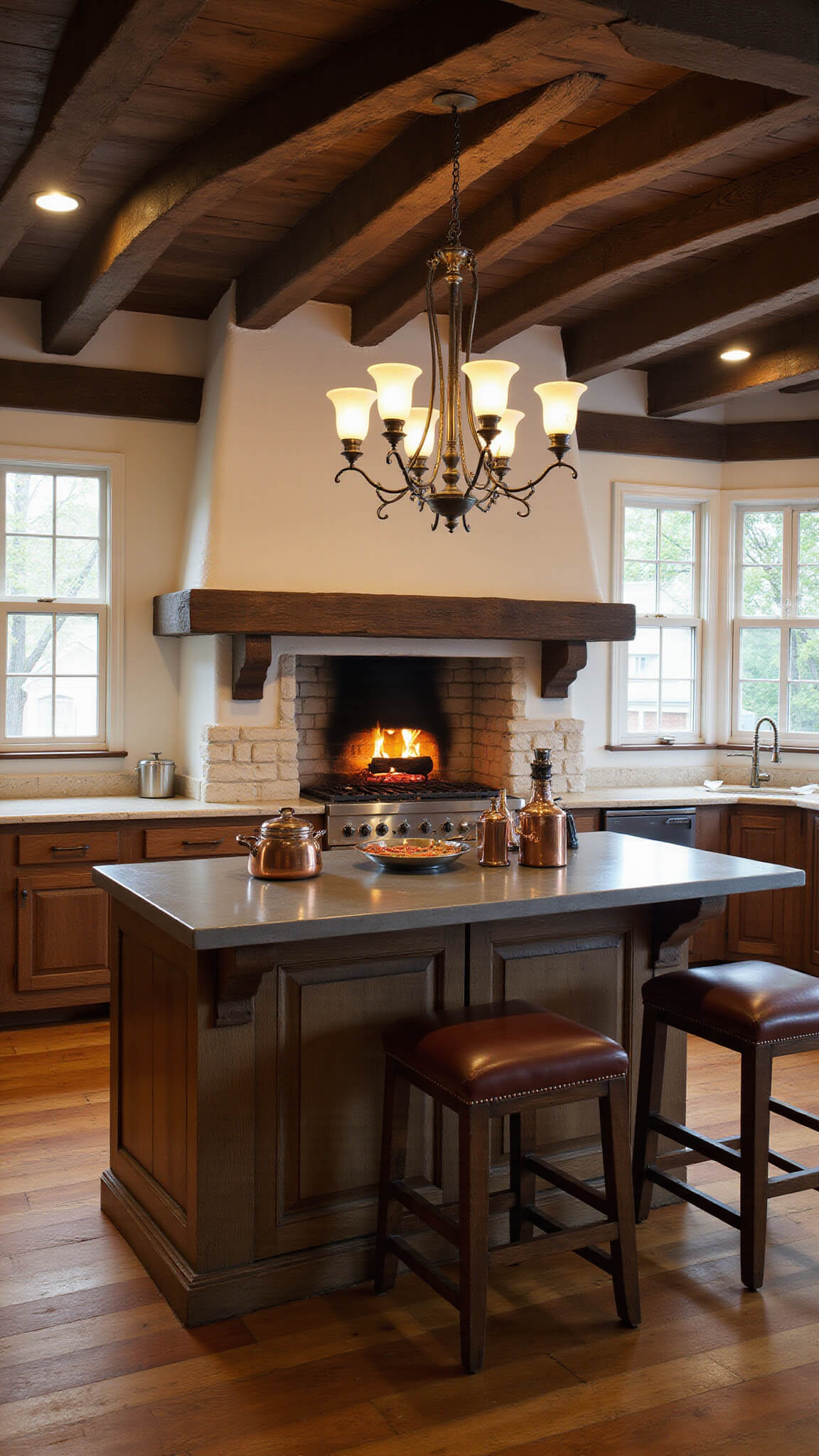 Rustic 14x16ft kitchen at dusk with iron chandelier, dark wood beams, stone hearth with pizza oven, barnwood island with aged zinc top, and warm copper accents.
