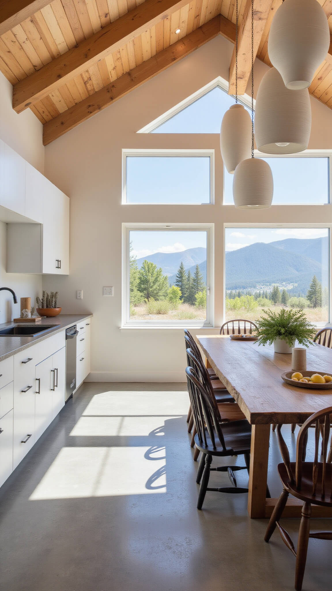 Modern rustic kitchen with white oak cabinets, live-edge walnut table, and ceramic pendant lights, bathed in sunlit mountain view through large window.