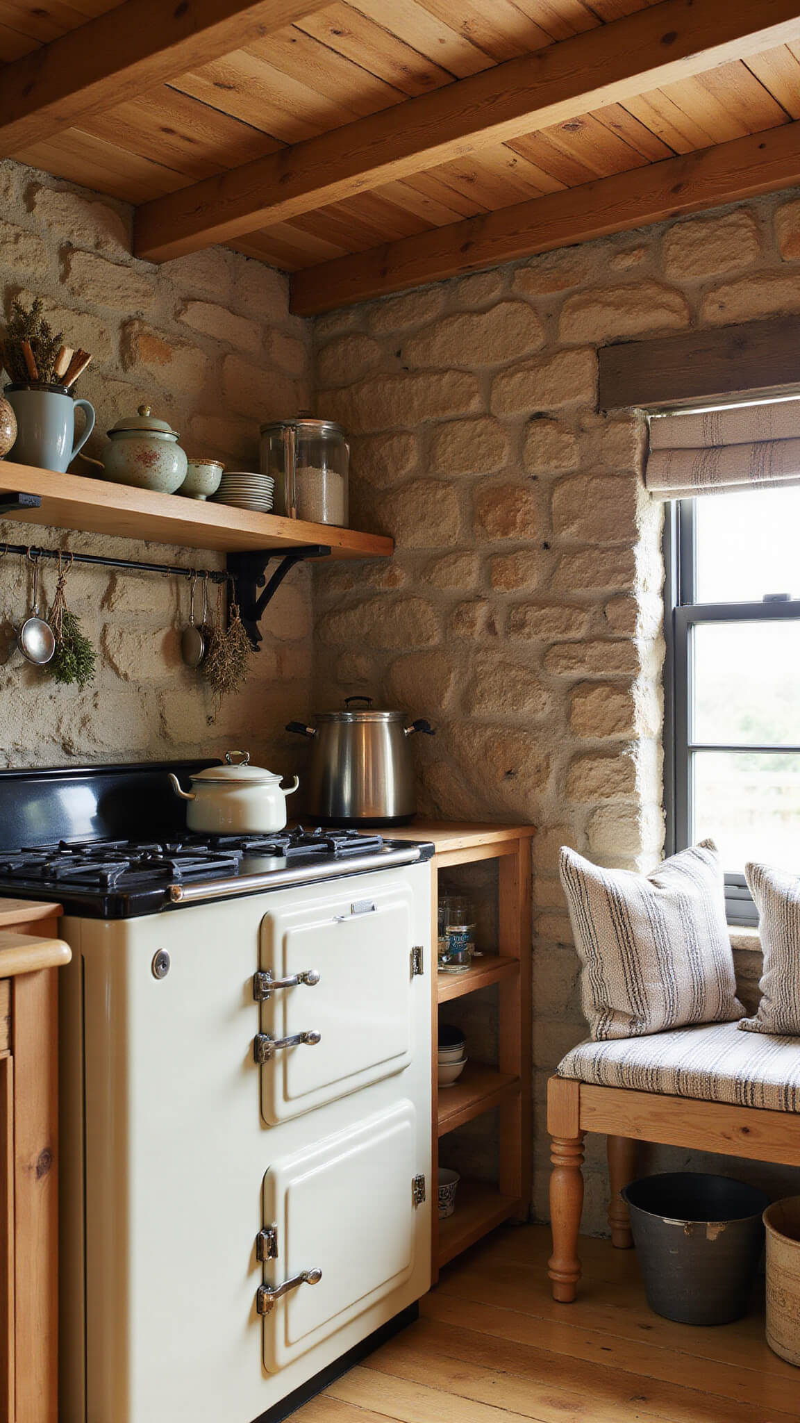 Cozy 11x13ft cottage kitchen with stone walls, honey-gold pine floors, cream vintage Aga, open barn wood shelves, dried herbs, and cushioned window seat at twilight.