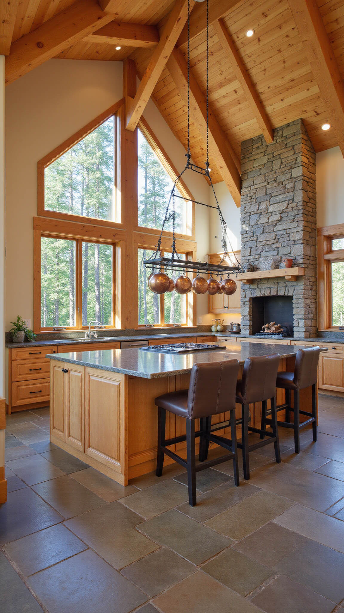 Expansive great room kitchen with cathedral ceiling, exposed Douglas fir trusses, slate floors, large granite island, and floor-to-ceiling windows showcasing forest view.