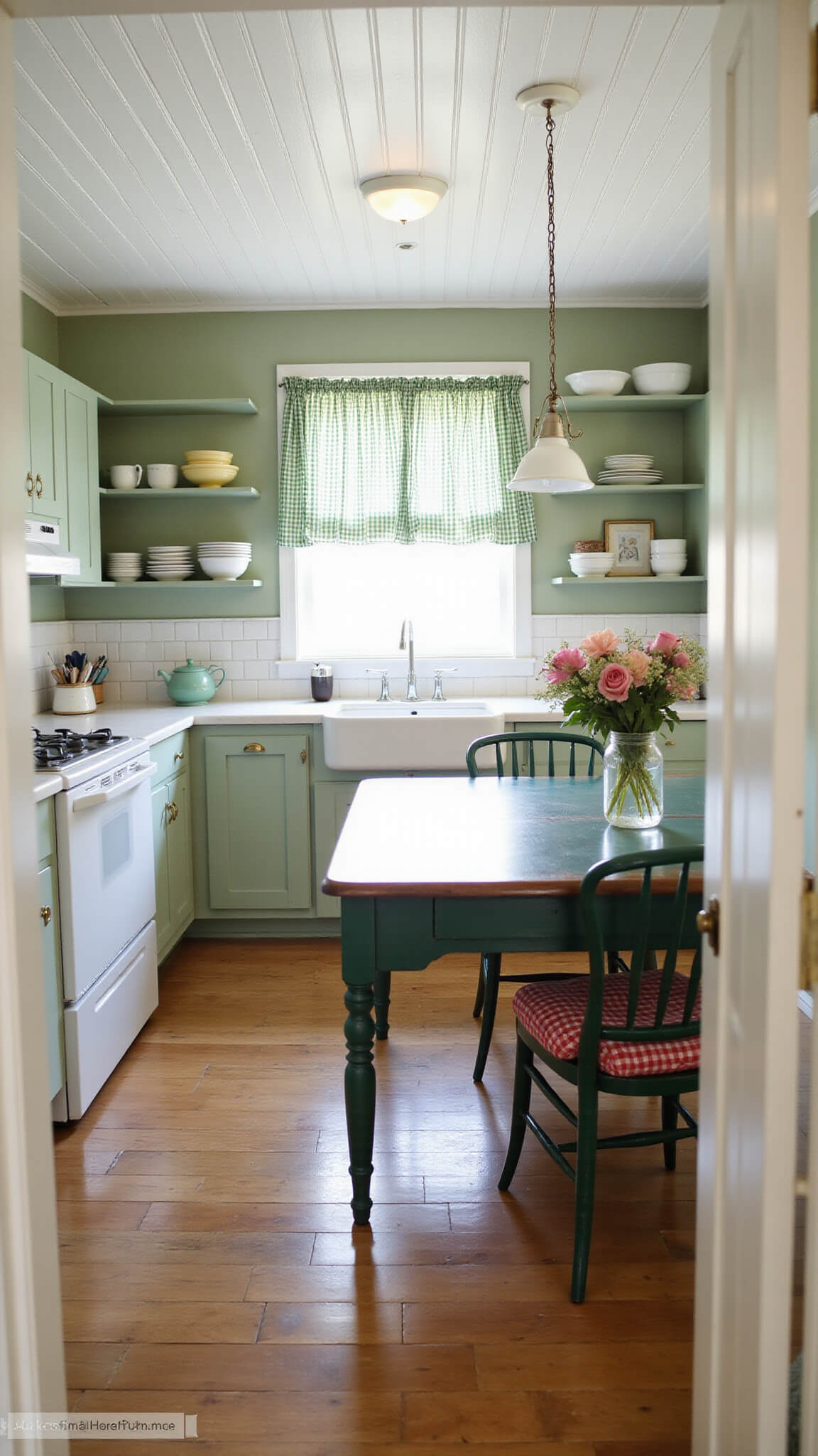 Farmhouse kitchen with sage green walls, vintage sink, open shelves, gingham curtains, and morning light filtering onto a worn hardwood floor and farm table with fresh flowers.