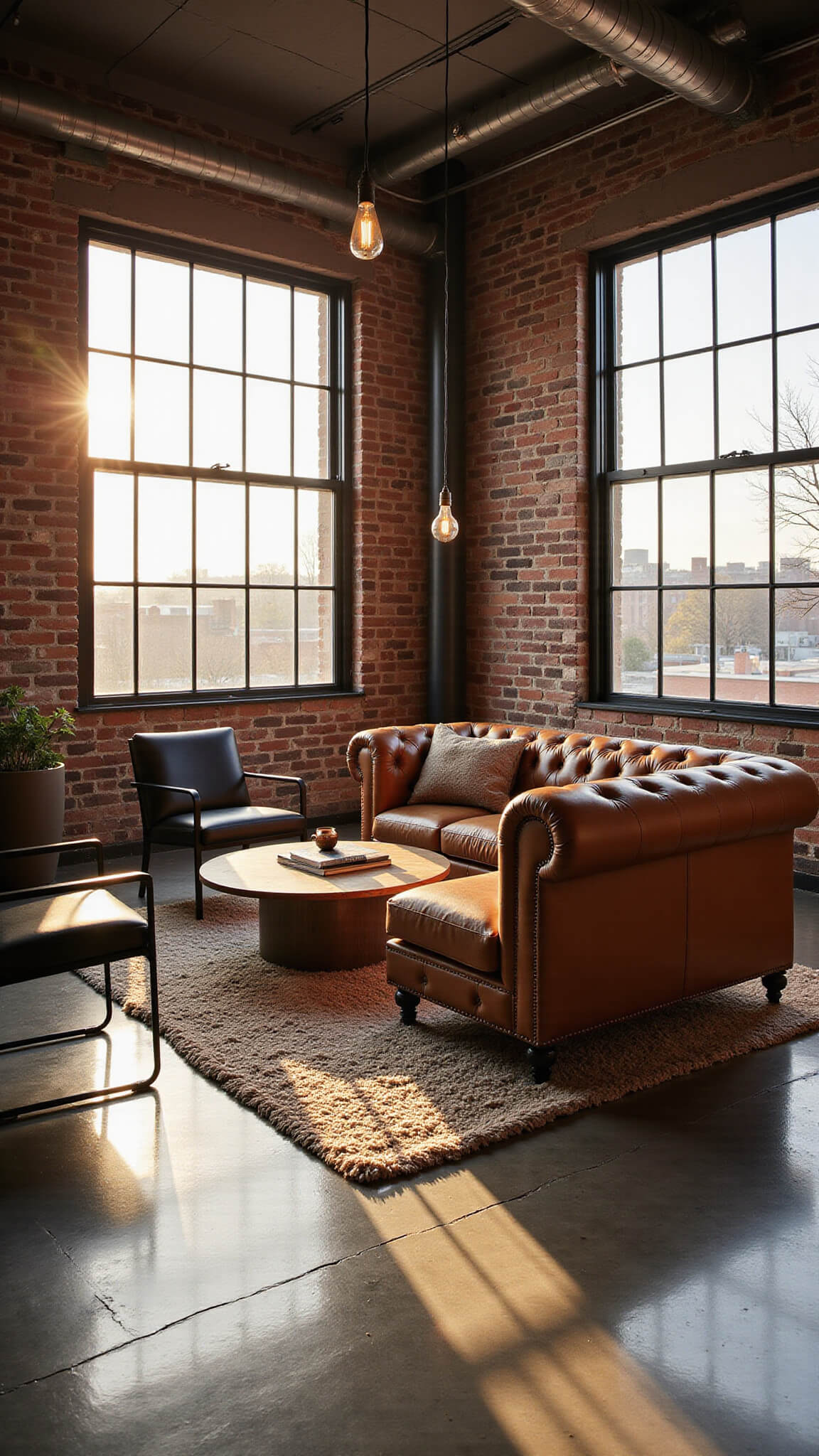 Urban loft living room with exposed brick walls, leather Chesterfield sofa, steel chairs, concrete floors, and golden hour light through factory windows.