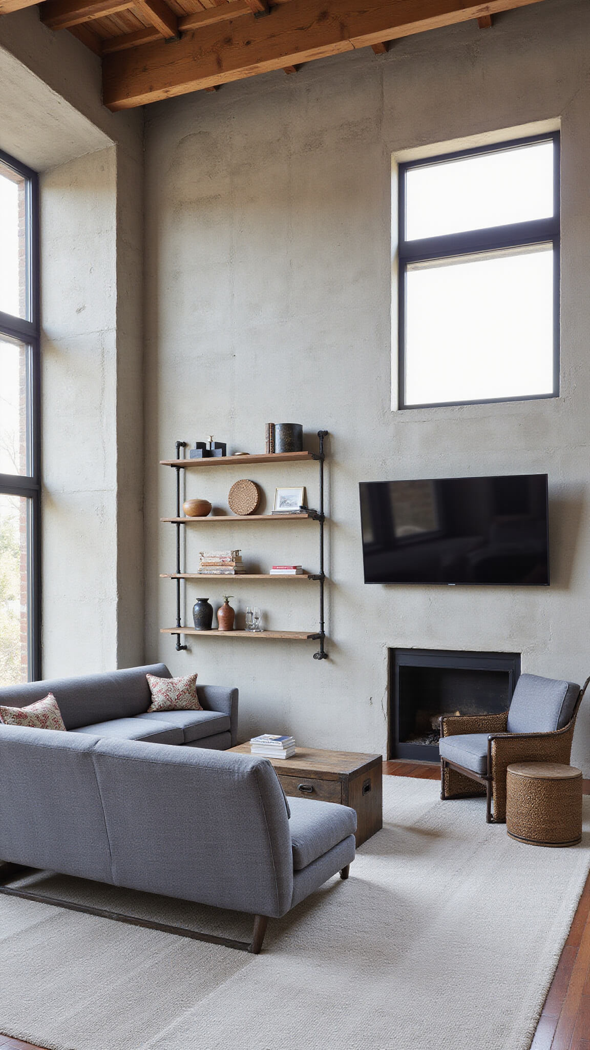 Industrial minimalist living room with concrete walls, timber beams, slate grey sectional, steel media console, and reclaimed factory decor in natural morning light.