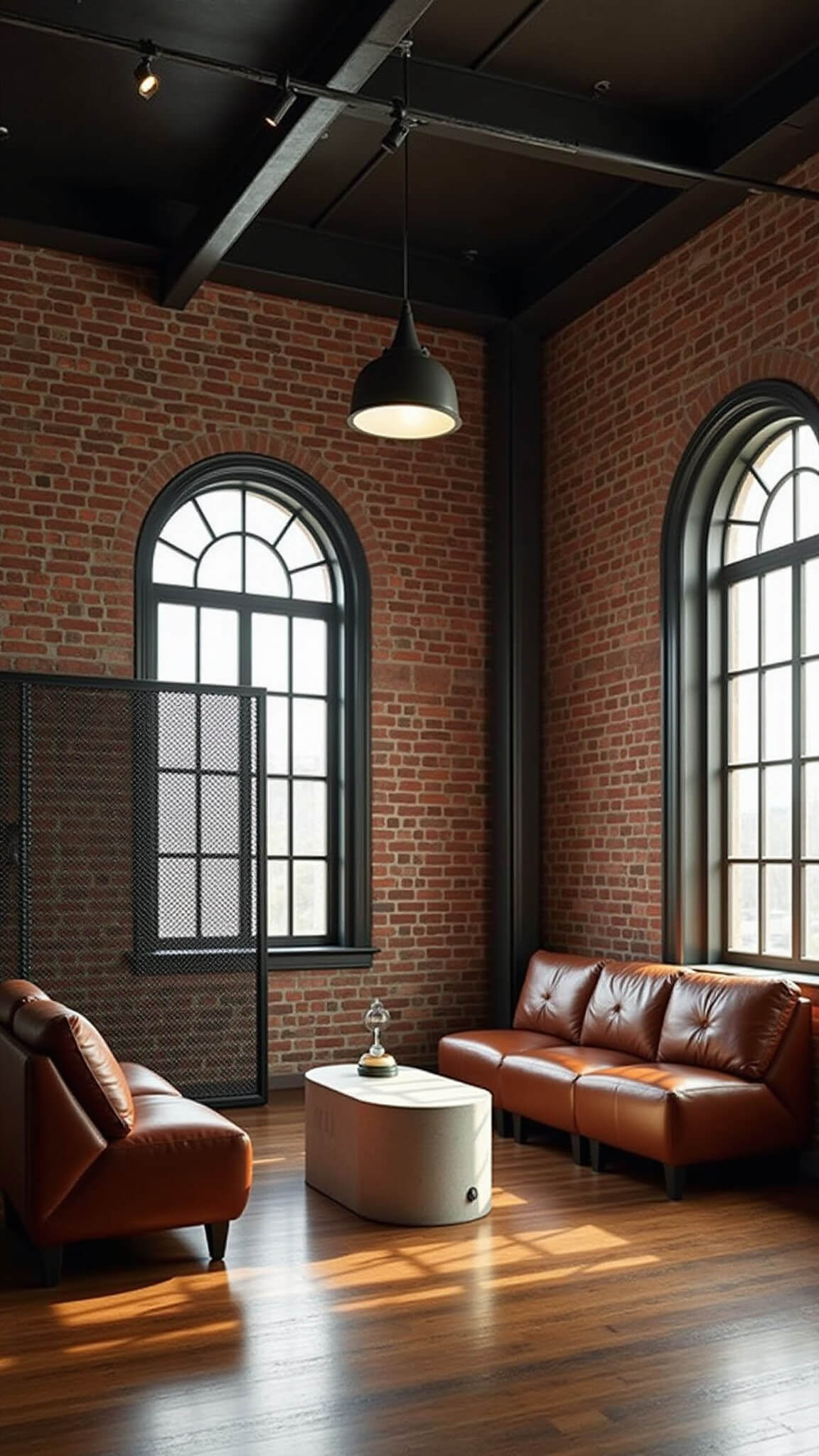 Industrial-style lounge in renovated warehouse with brick archways, leather club chairs, concrete coffee table, and dramatic late afternoon lighting.