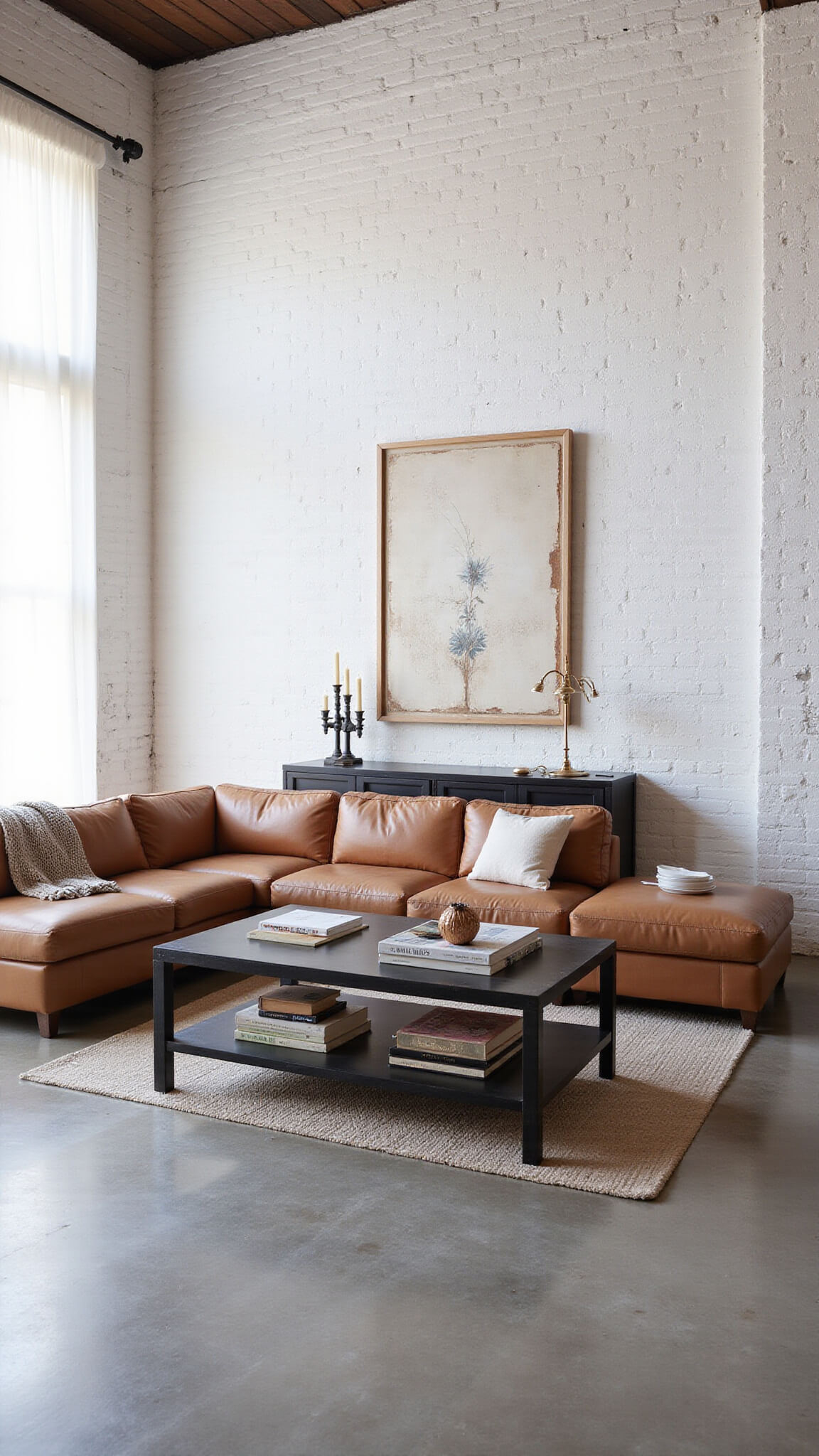 Modern industrial living space with whitewashed brick walls, concrete floors, modular leather seating, blackened steel console, statement art, and copper accents in soft natural light.