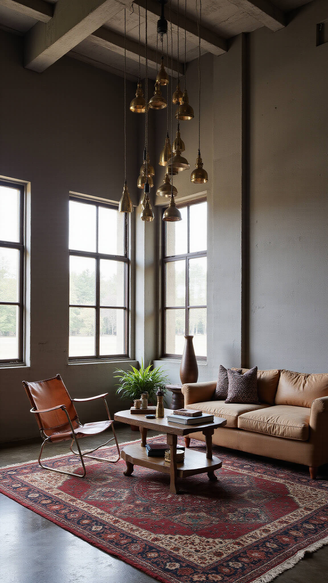 Industrial bohemian retreat with exposed beams, raw concrete walls, layered tribal rugs, leather chairs, vintage coffee table, and dramatic pendant lighting in dusk ambiance.