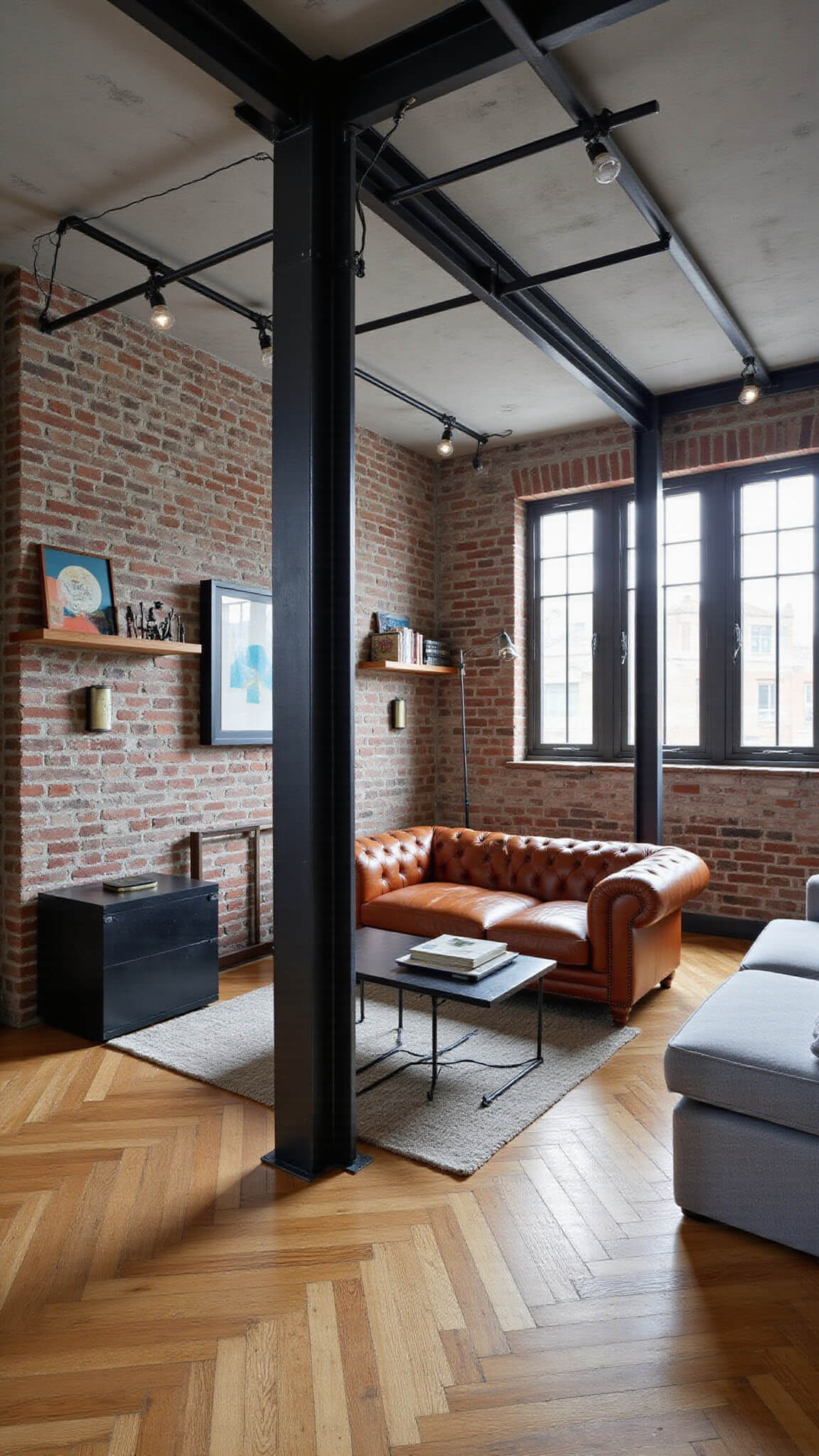 Industrial loft with herringbone wood floors, blackened steel columns, tufted leather sofa, metal shelves, and gridded windows in mid-morning light.