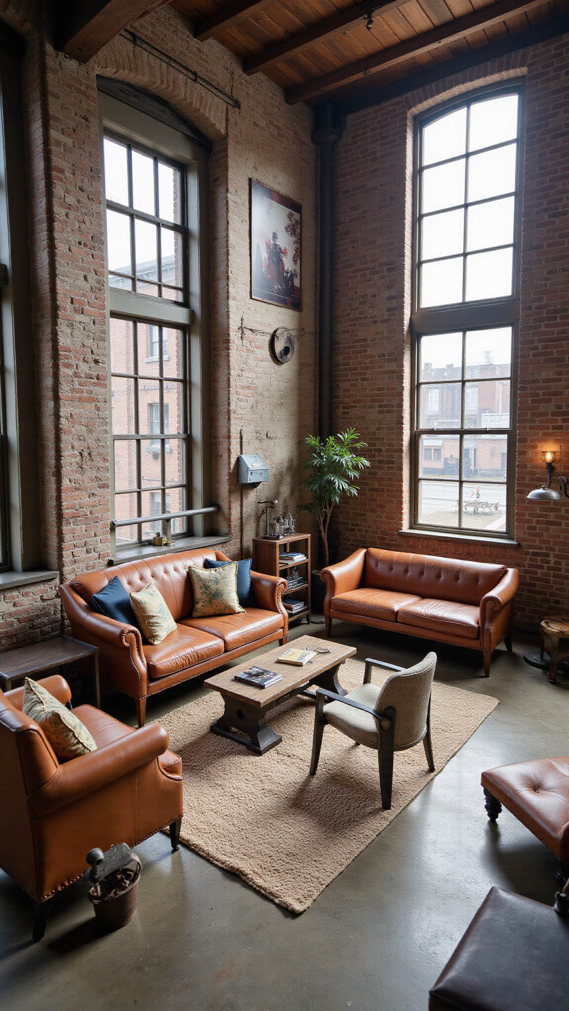 Bird's eye view of 750 sq ft restored industrial living space with factory windows, exposed beams, vintage Chesterfield sofa, industrial cart coffee table, steel chairs, and decor of salvaged machinery; dawn light highlighting weathered metal, distressed leather, and raw timber in tones of pewter, rust, and natural wood.