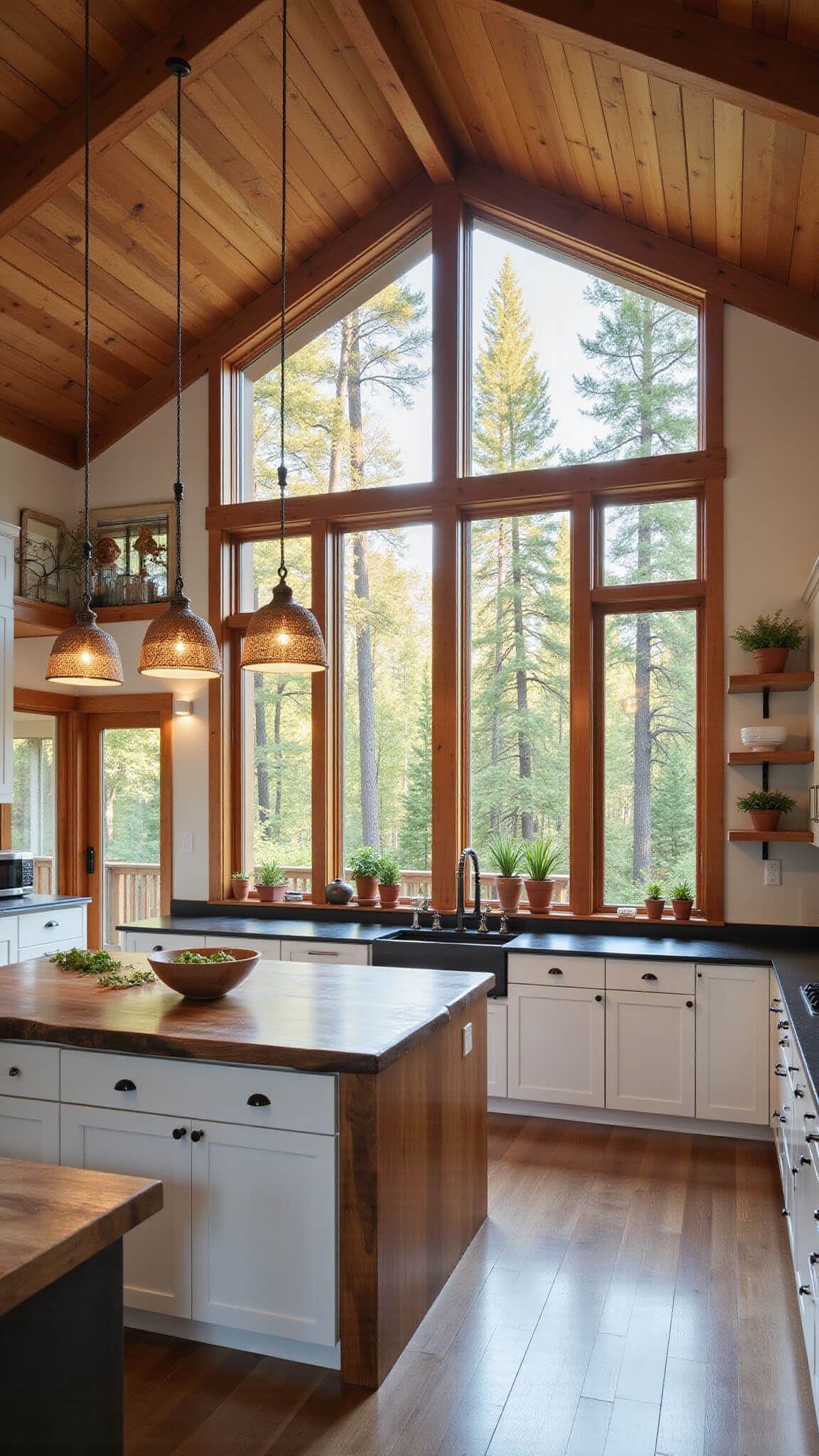 Modern woodland kitchen with vaulted ceiling, exposed wood beams, and floor-to-ceiling windows revealing a sunlit pine forest; features white oak cabinets, matte black countertops, a live-edge walnut island, and warm pendant lighting.
