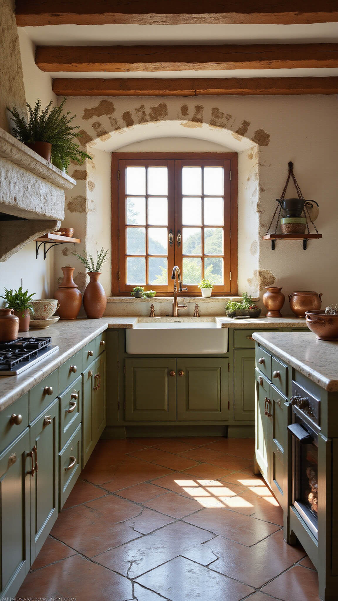 Rustic Mediterranean kitchen with terracotta floors, olive green cabinets, copper accents, and arched windows casting warm afternoon light.