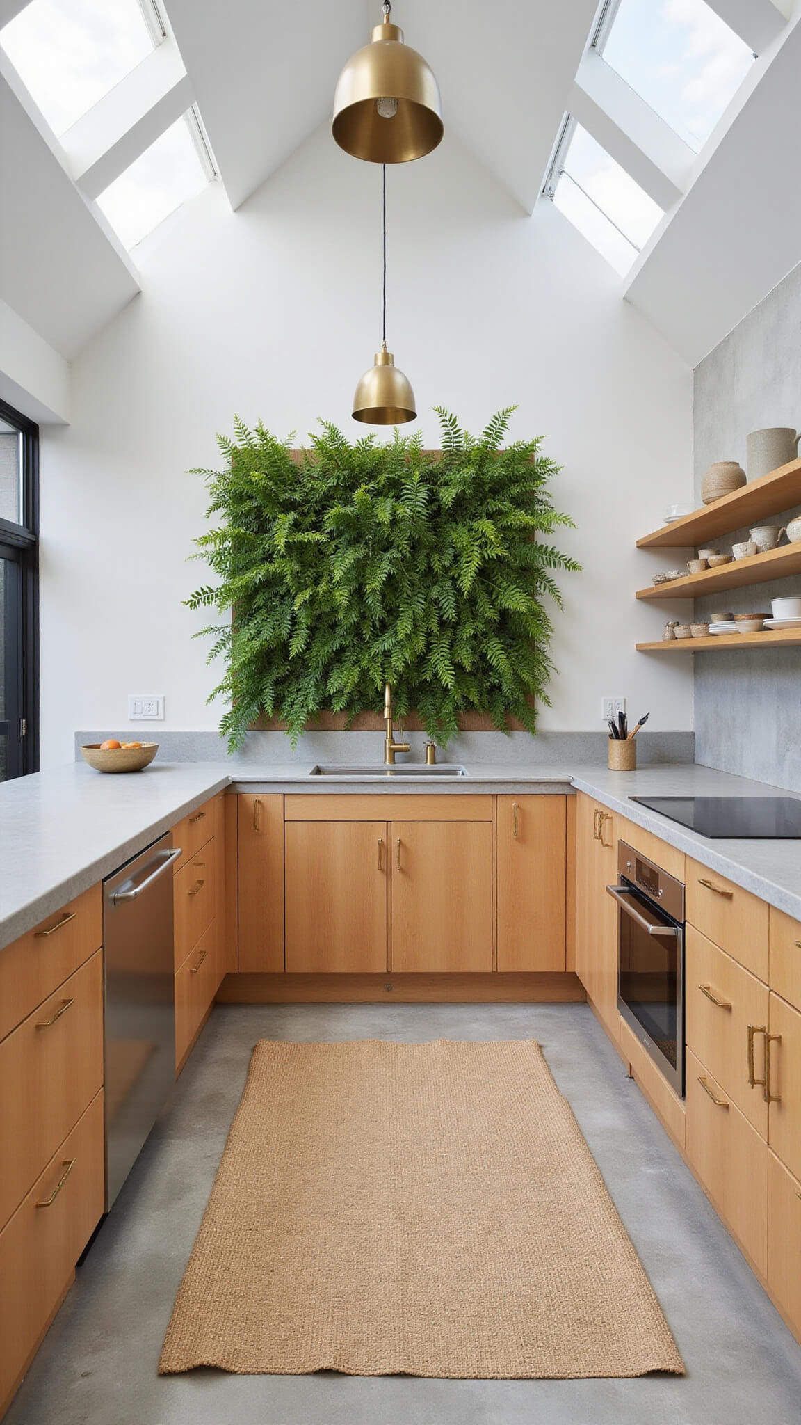 Earthy minimalist kitchen with bamboo cabinets, concrete countertops, brass fixtures, and a living fern wall, softly lit by skylights.